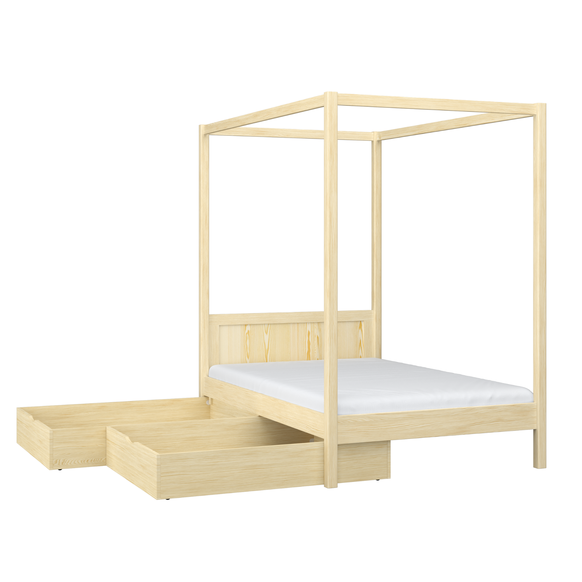 Lit pin incolore avec baldaquin i tiroir – vue de côté, en bois