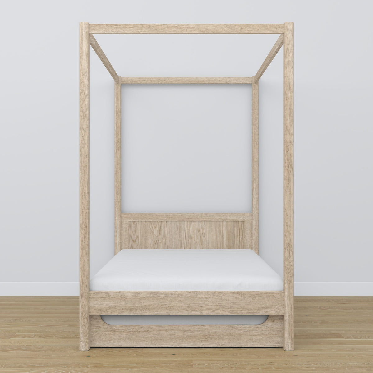 Bleached Oak Canopy Bed with Drawer – Side View, Oak, Nizio