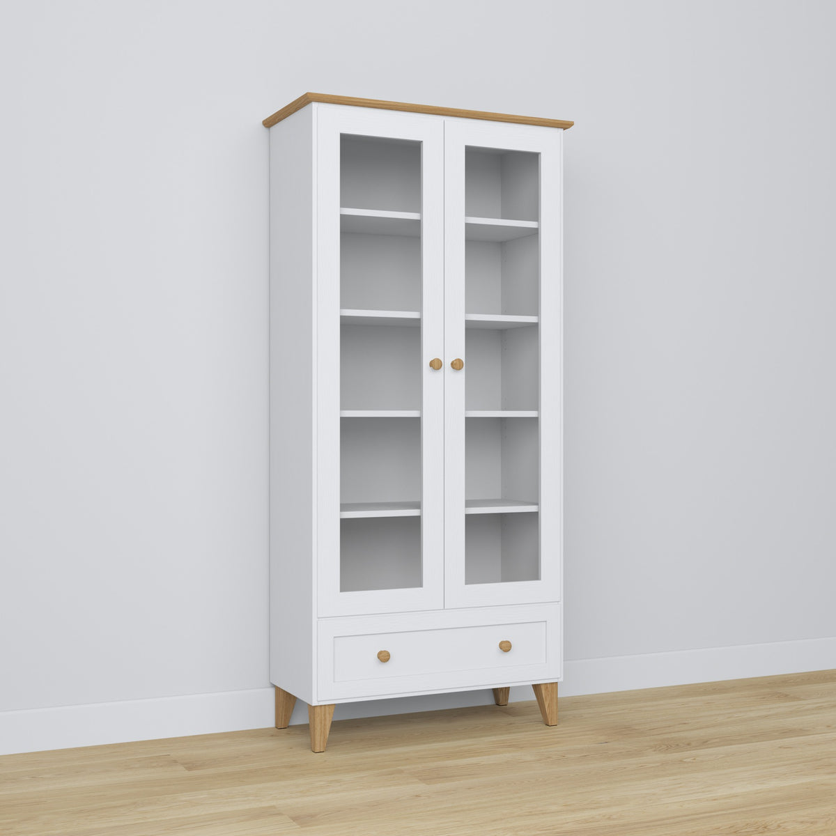 Vetrina 1S 90 bianco con quercia – in legno, porte in vetro, vista frontealny
