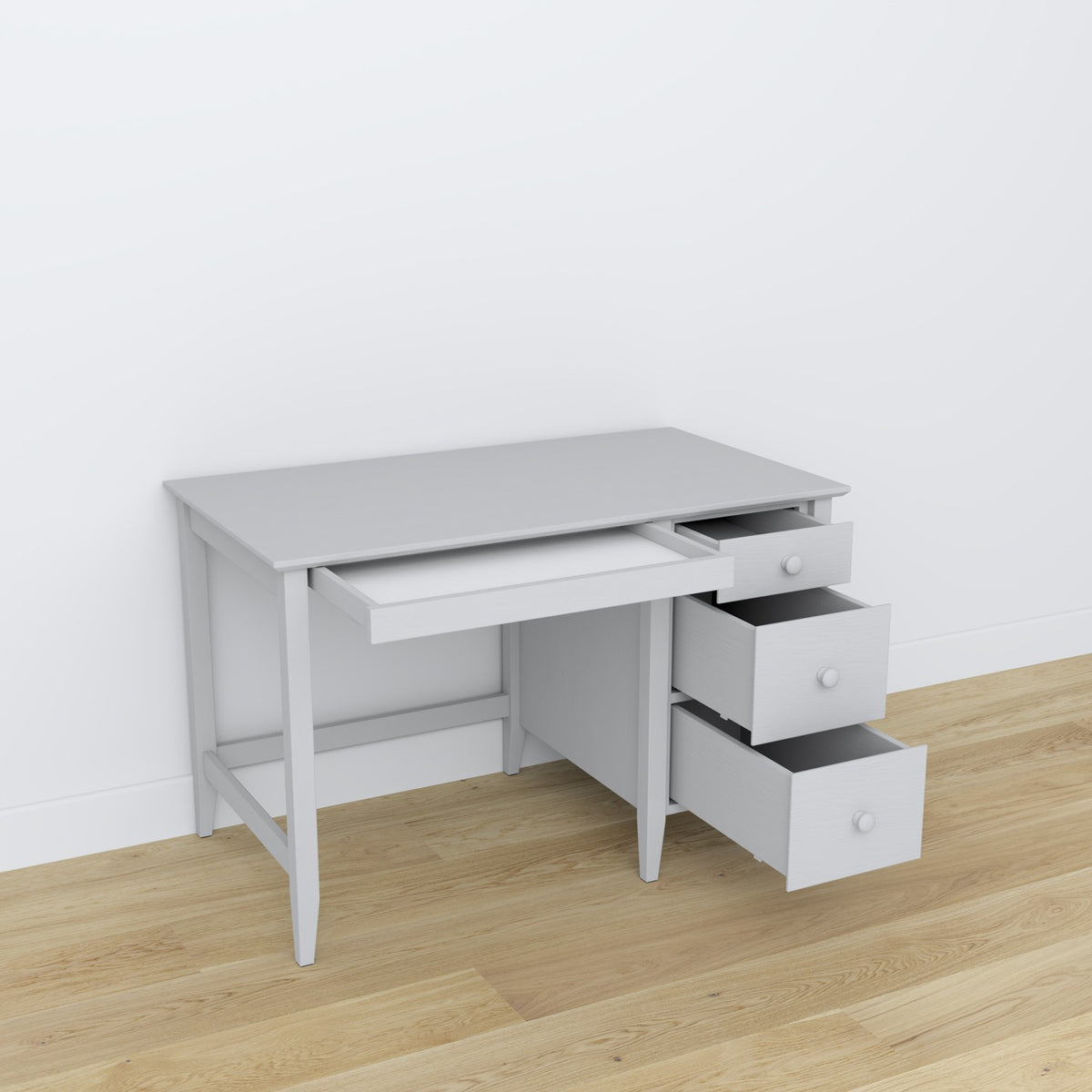 Scrivania 3S in legno grigio – cassetti aperto, vani per documenti