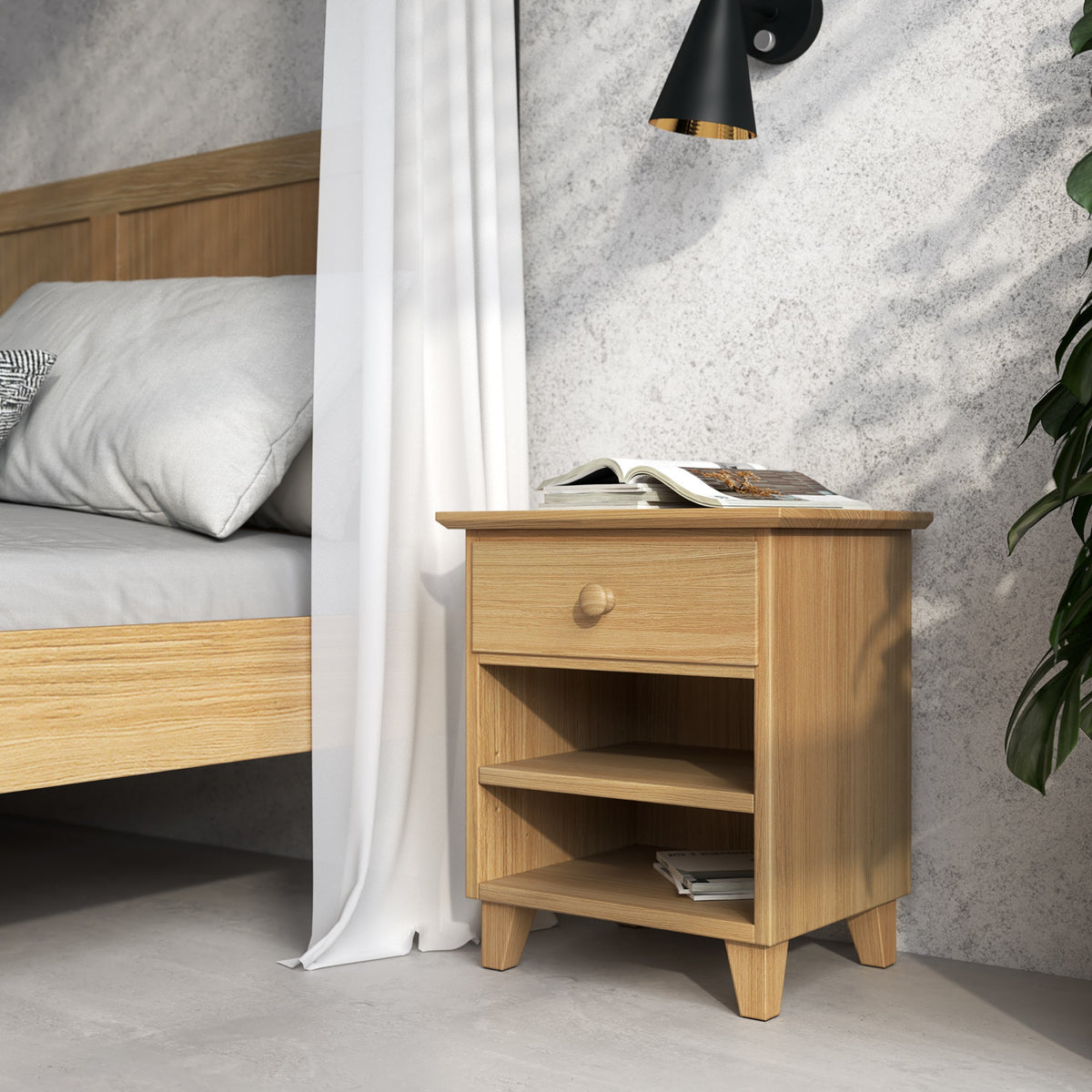 Bedside table N02 natural oak – oak wood, front view, Nizio Home
