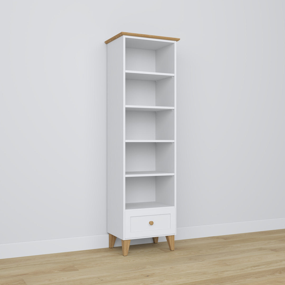 Scaffale 1S 57 bianco con quercia – in legno, tutti ripiani, vista frontealny, Nizio