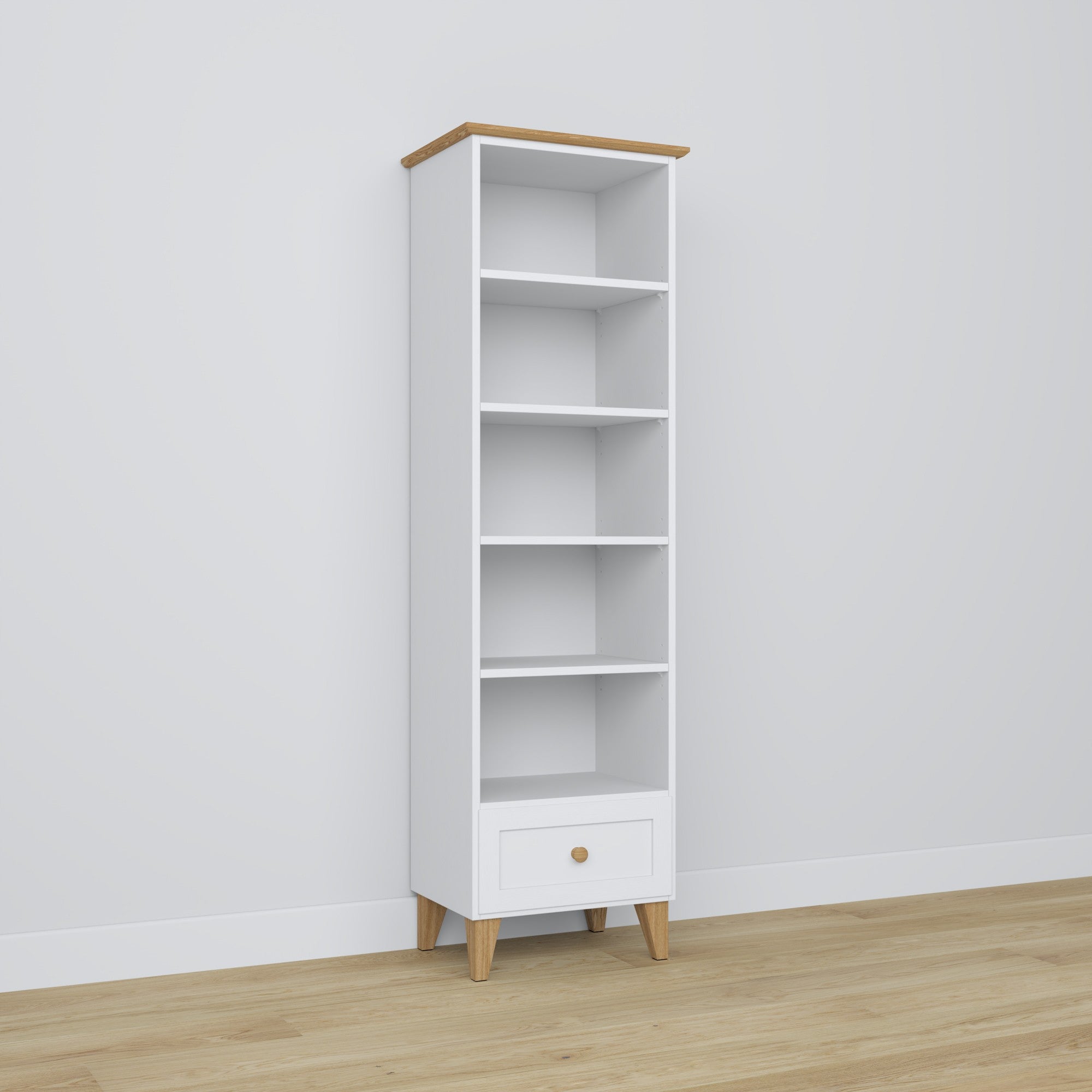 Scaffale 1S 57 bianco con quercia – in legno, tutti ripiani, vista frontealny, Nizio