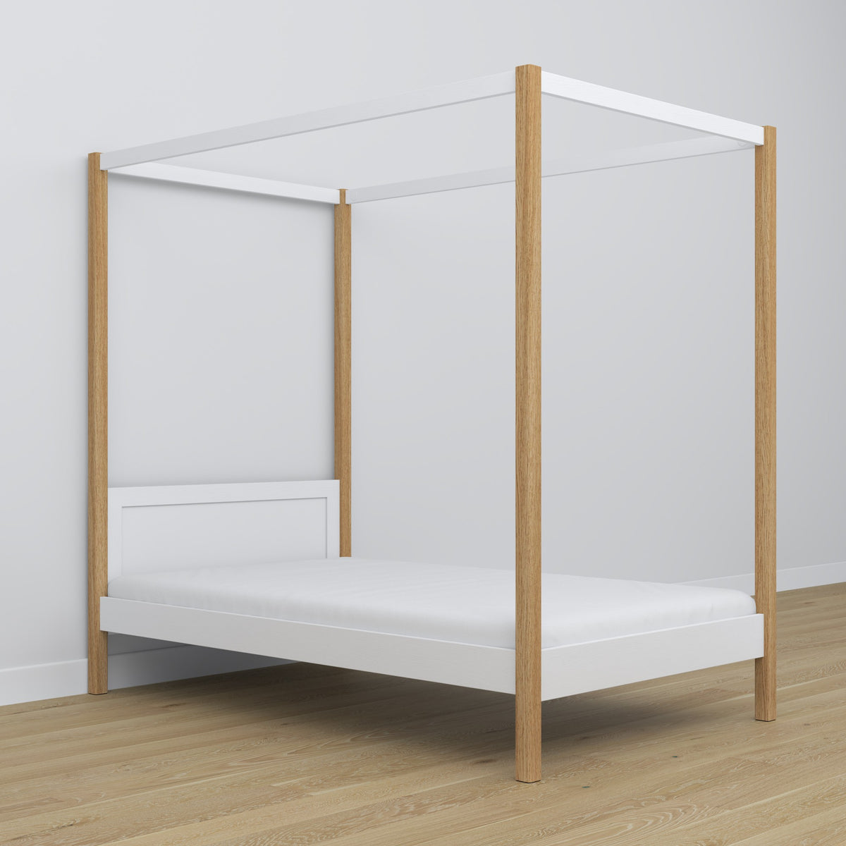 Lit blanc-chêne avec baldaquin – cadre décoratif en bois, sécurisé pour les enfants