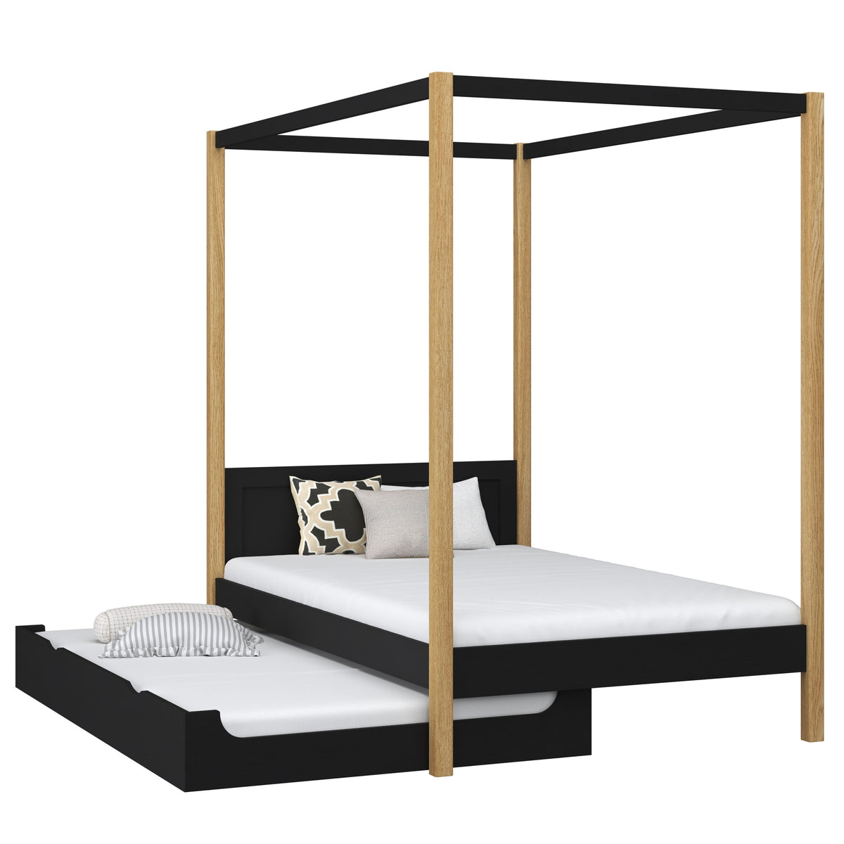 Lit à baldaquin avec tiroir pour matelas en bois noir-chêne – chambre d'enfant scandinave