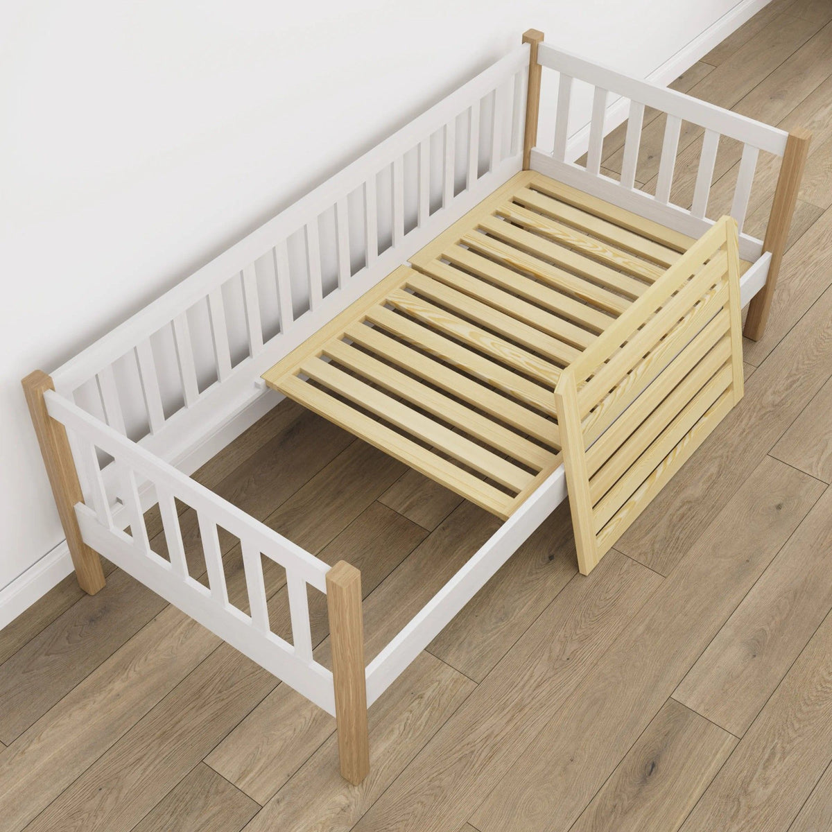 Sofa-lit en bois blanc avec chêne – vue en biais, style scandinave