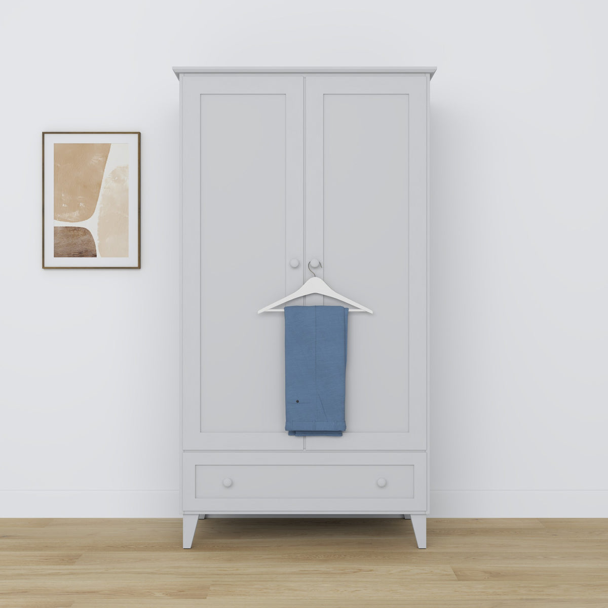 Armadio 2-porteowa con cassetto in legno grigio – della camera da lettoa, stile scandinavo