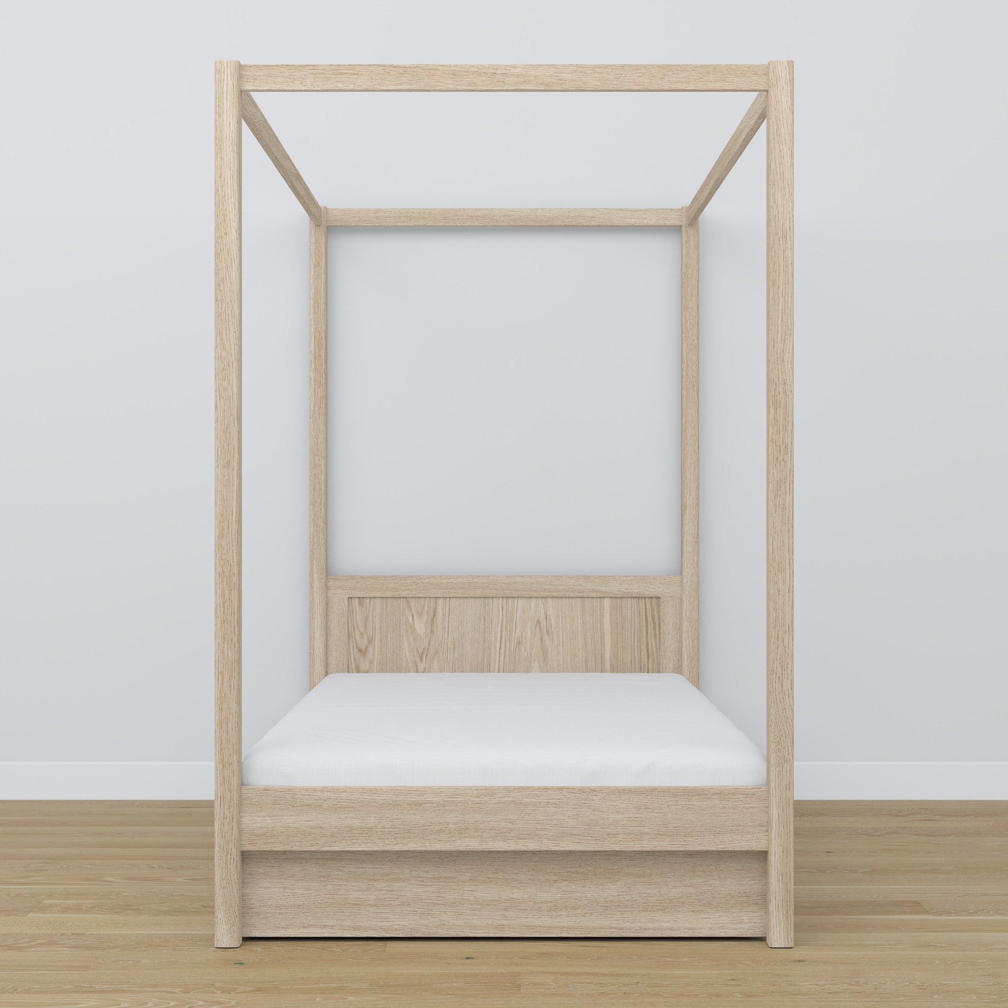 Bett eiche gebleicht mit Baldachin – Schublade offen, aus Eiche, Nizio Home