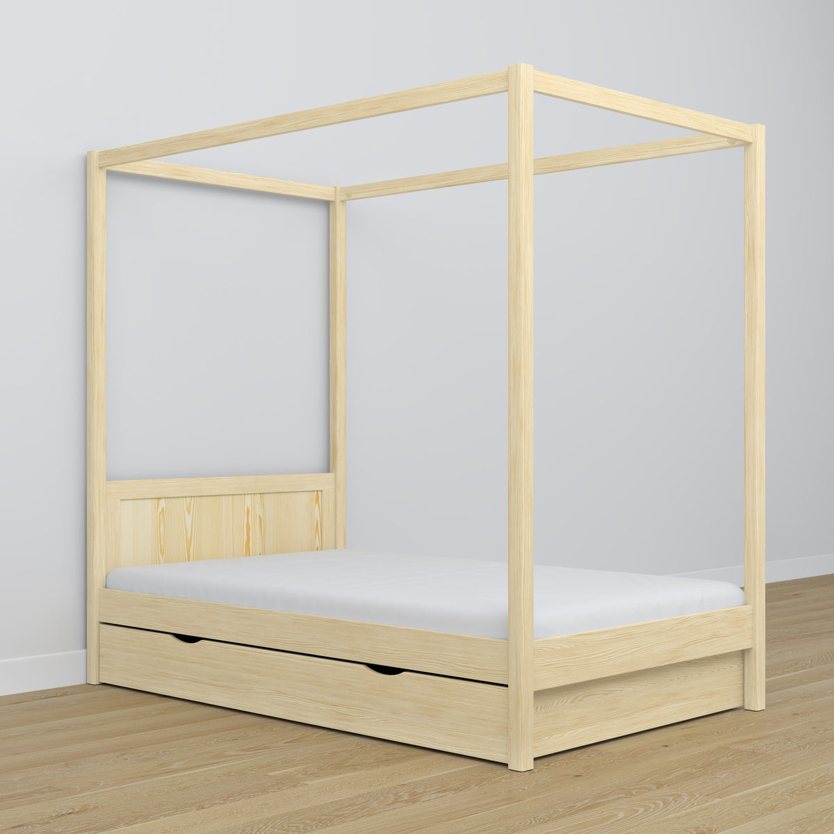 Lit à baldaquin en bois pin incolore dans la chambre d'enfant – décoration scandinave