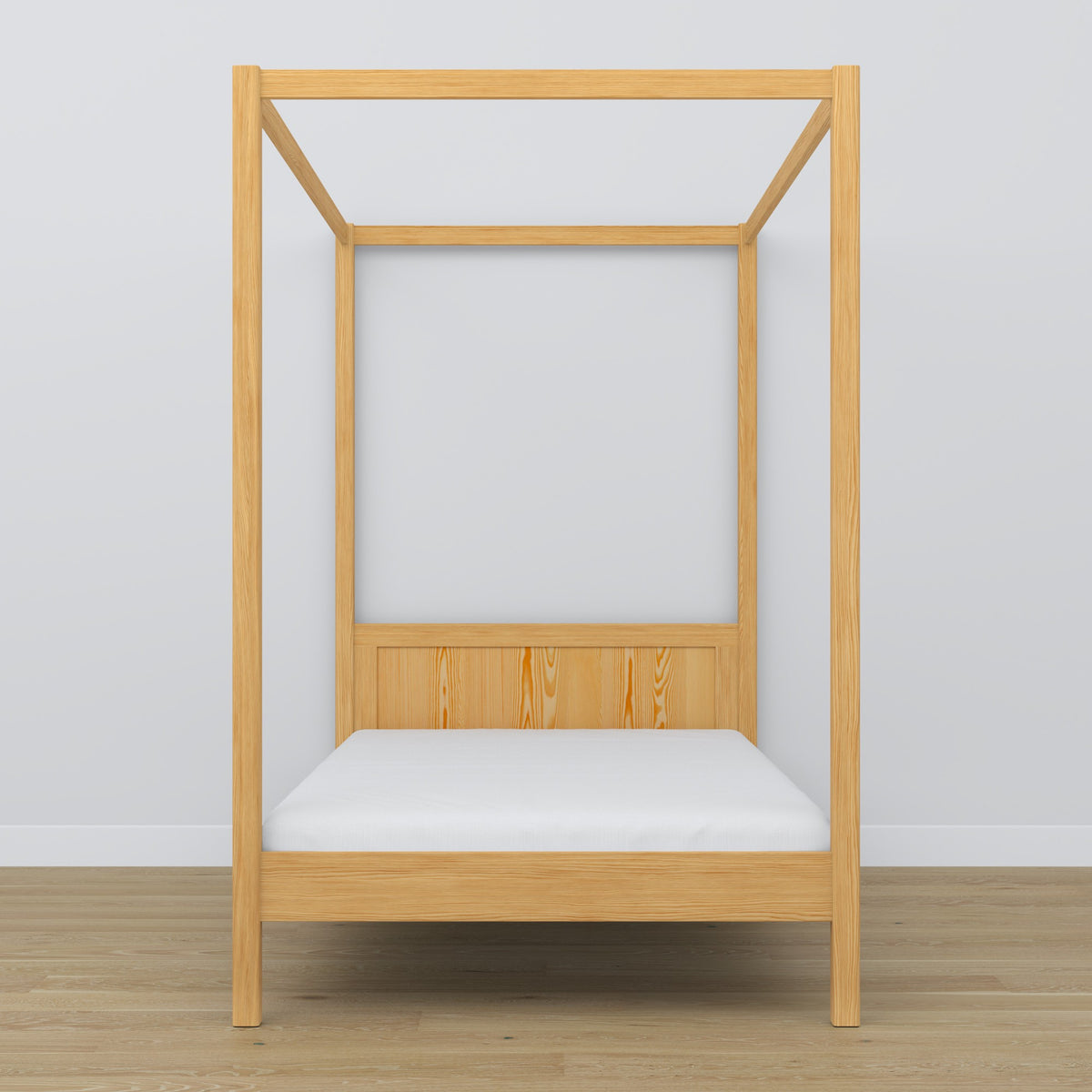 Letto con baldacchino in legno pino naturale – dettaglio su baldacchino e testiera