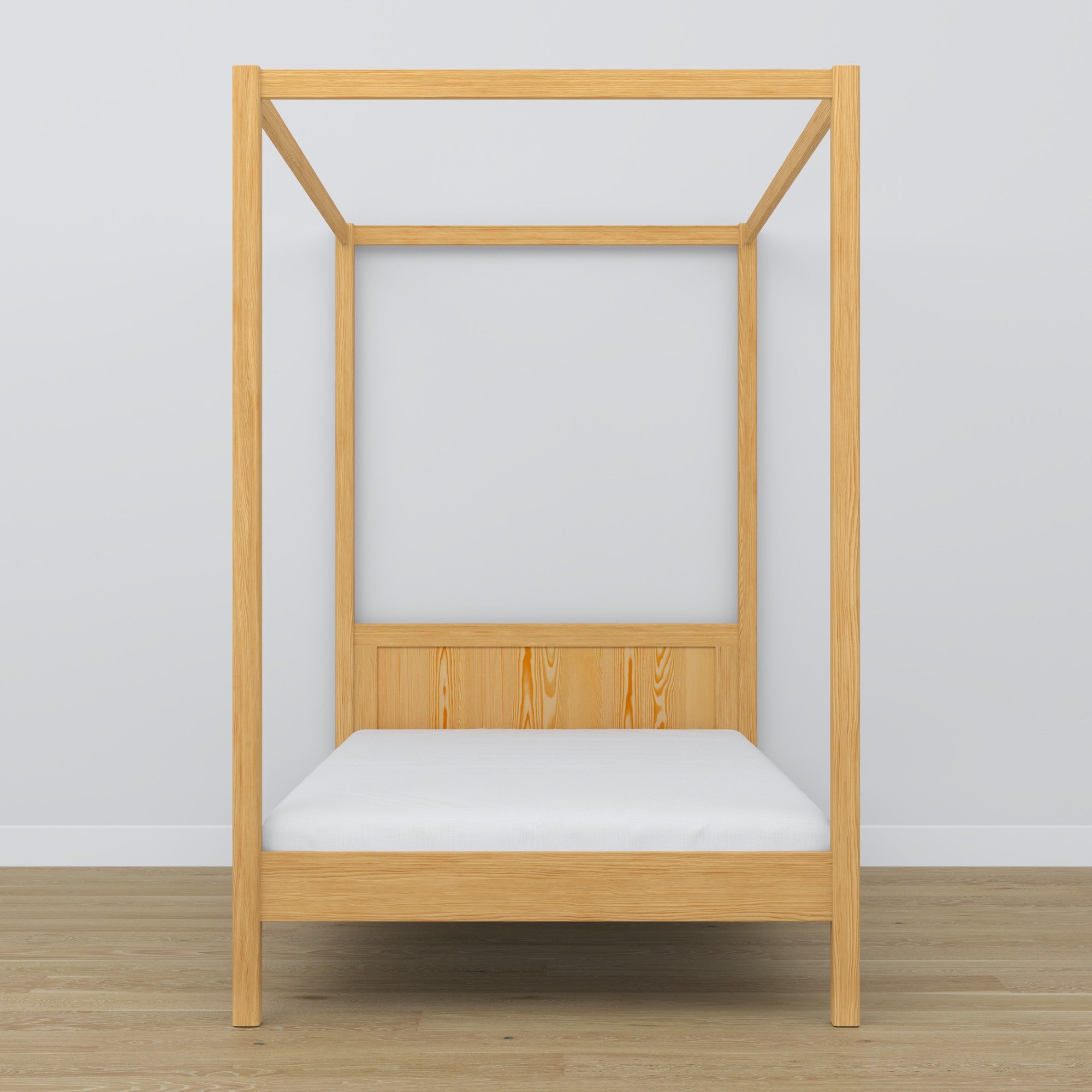 Letto con baldacchino in legno pino naturale – dettaglio su baldacchino e testiera