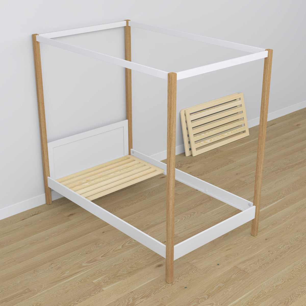 Bett Weiß-Eiche mit Baldachin – Holzdetails und Verbindungen, Nizio Home