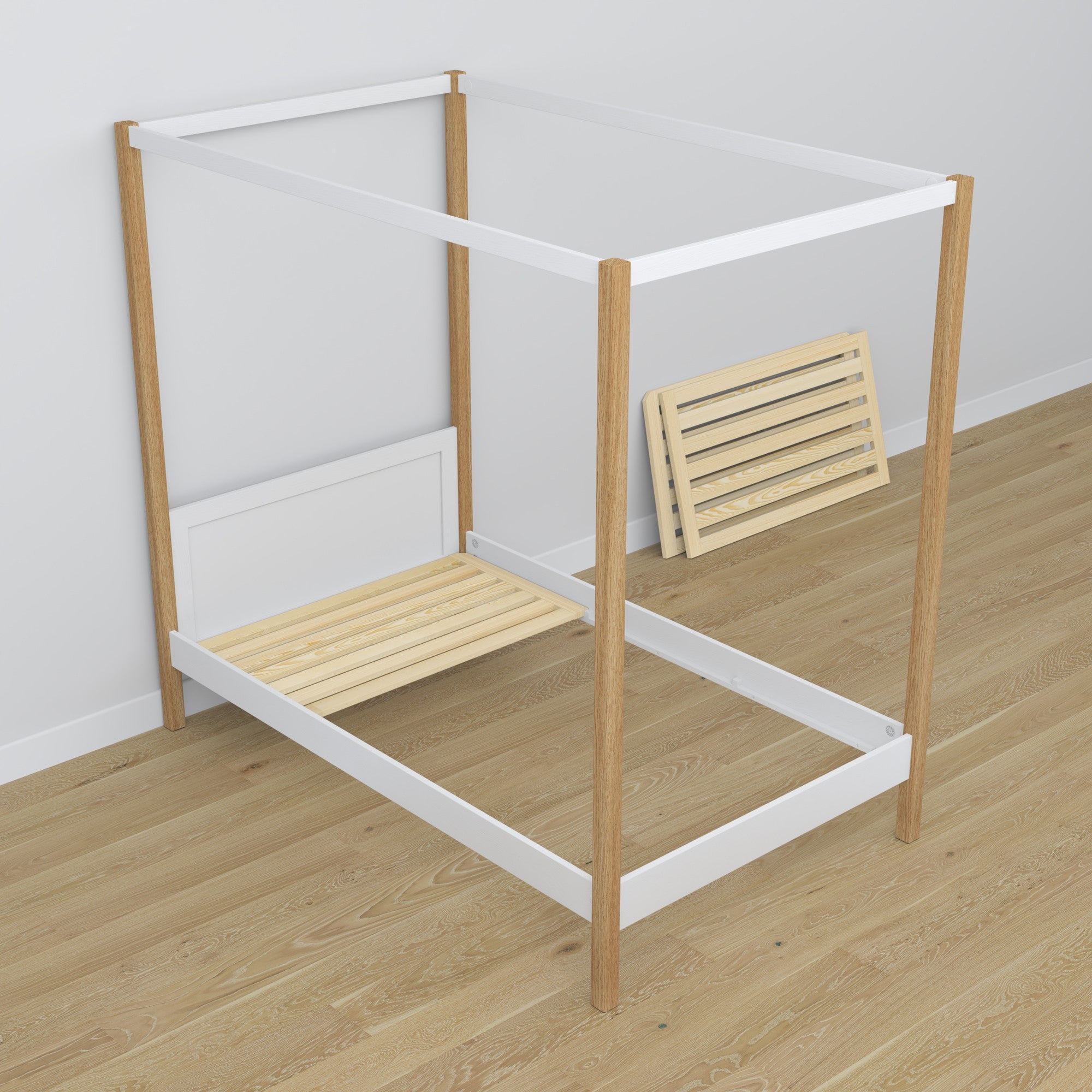 Bett Weiß-Eiche mit Baldachin – Holzdetails und Verbindungen, Nizio Home