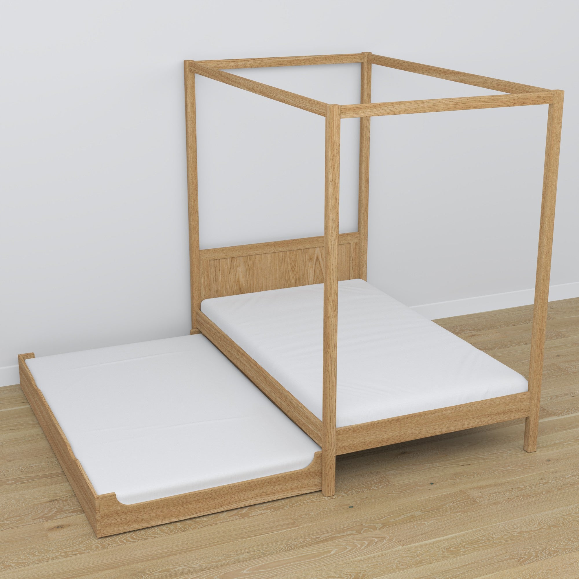 Letto con baldacchino in rovere naturale – cassetto estratto, spazio su ospiti