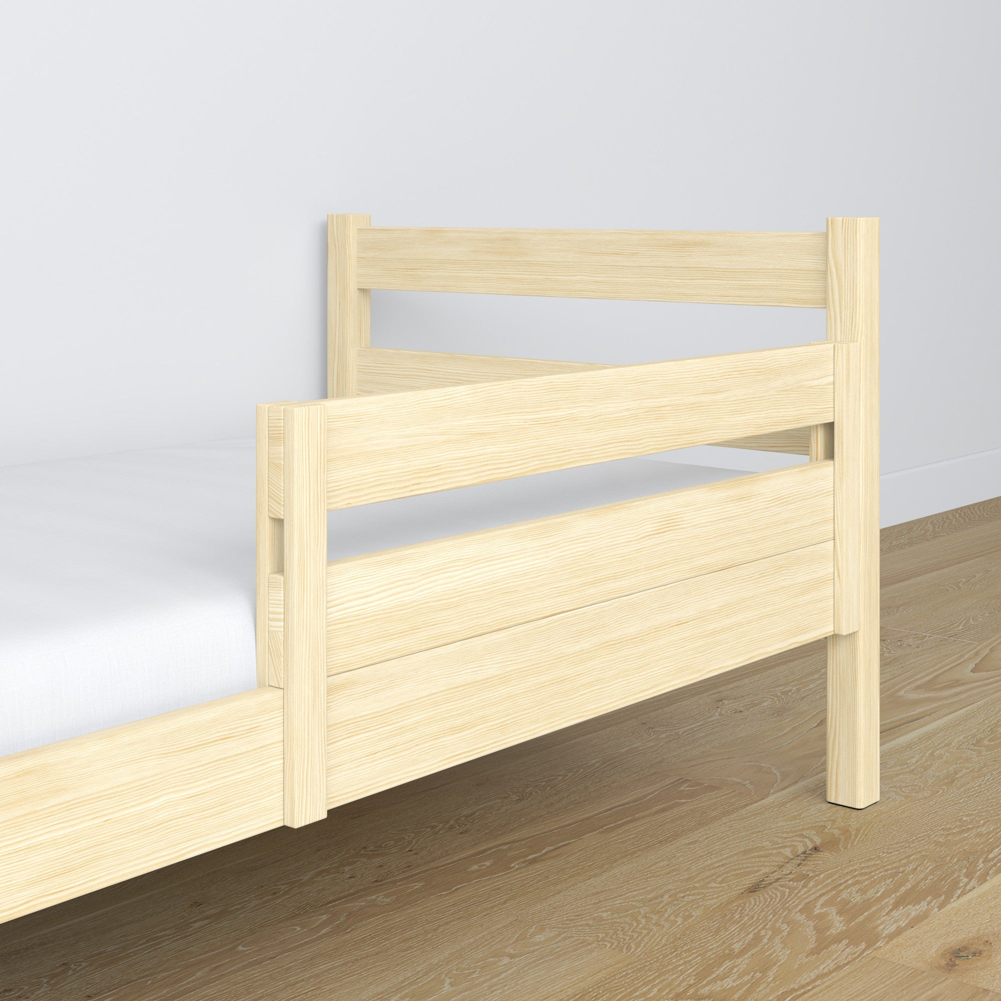 Children’s bed safety rail clear pine – side view, wooden