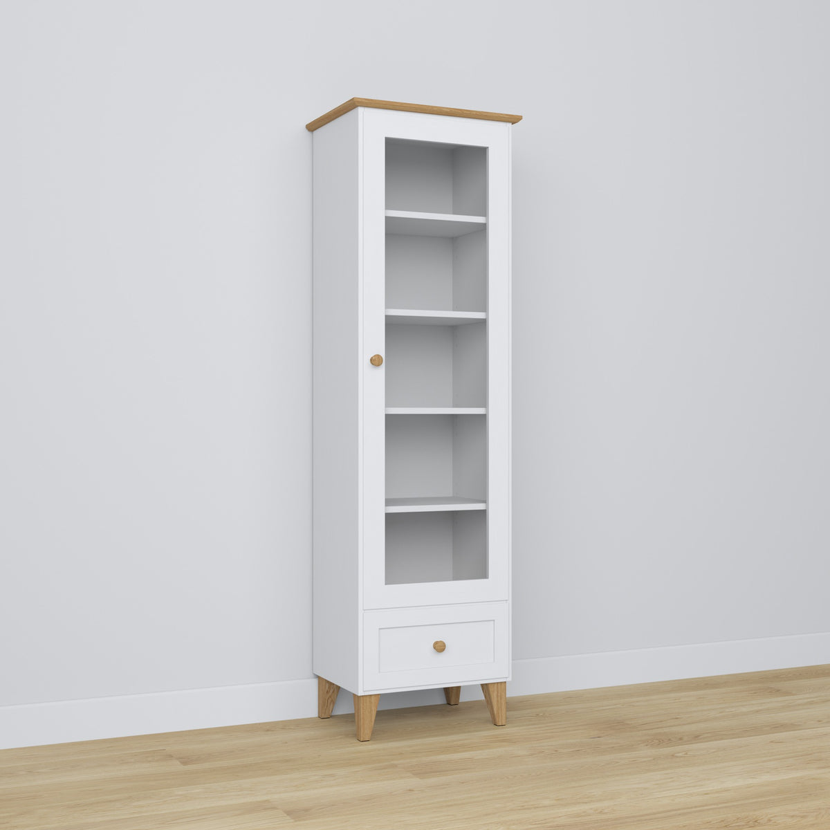 Vetrina 1S 57 bianco con quercia – in legno, porte in vetro, vista frontealny