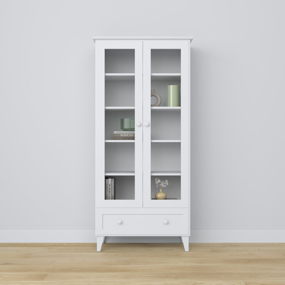 Vetrina con cassetto in legno bianco 90 cm – salotto, stile scandinavo Nizio