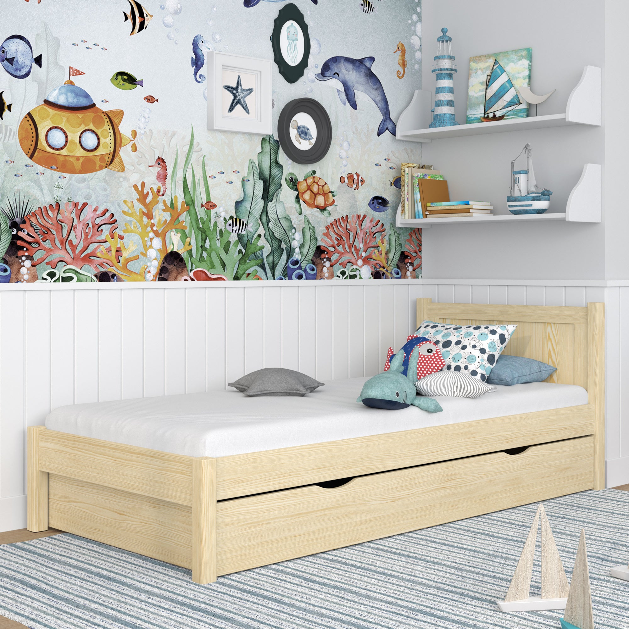 Single bed with drawer wooden clear pine – children’s room, scandi style