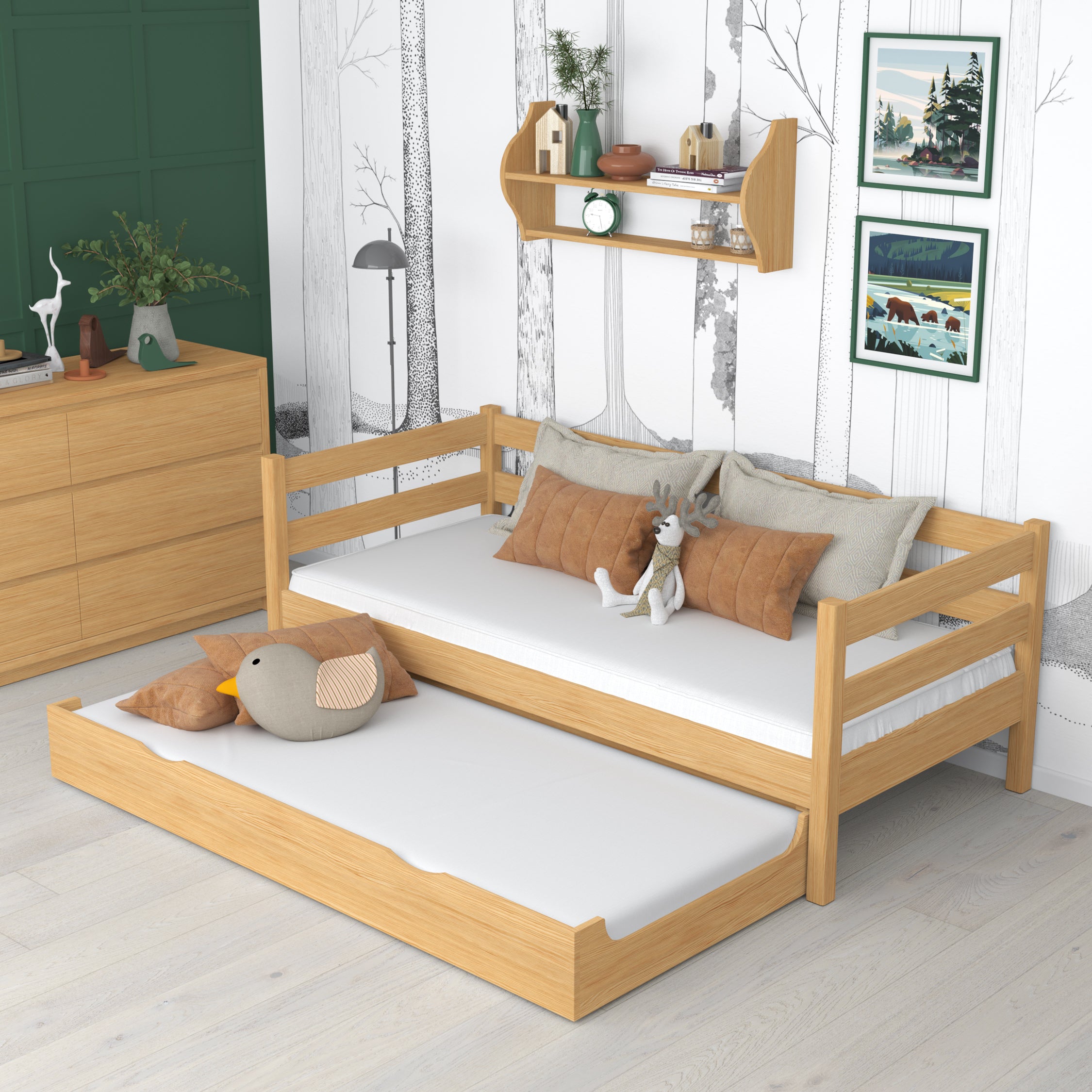 Letto divano in legno pino naturale – cassetto per materasso estratto, per ospiti