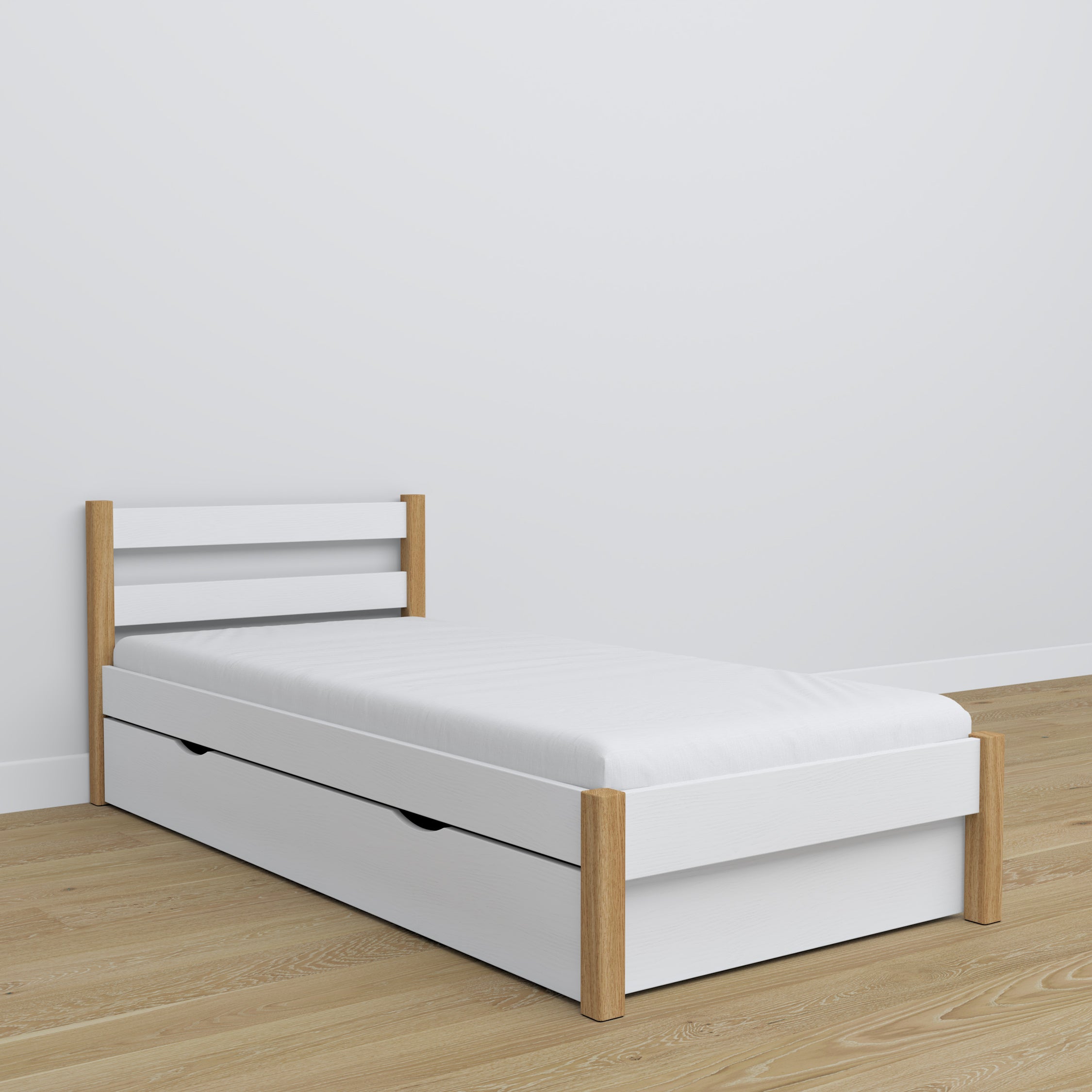 Letto con cassetto in legno bianco-quercia – stanza per bambini, allestimento scandi