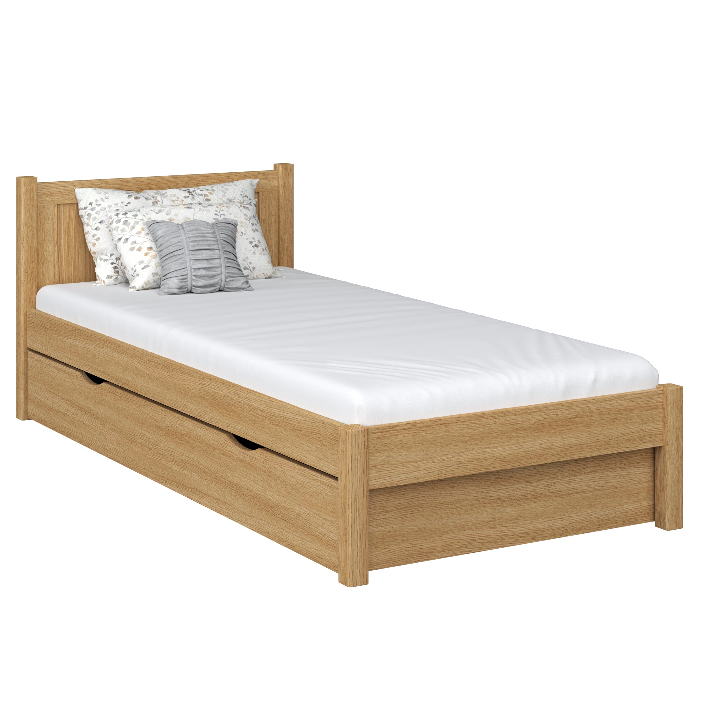 Oak bed with drawer natural oak – open drawer, storage interior