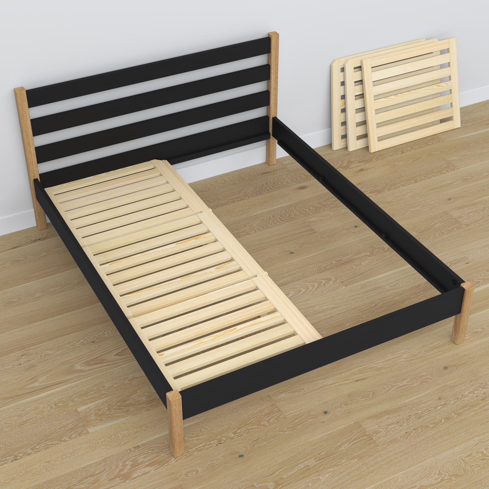 Lit double noir-chêne – tête de lit arrière en bois, Nizio Home
