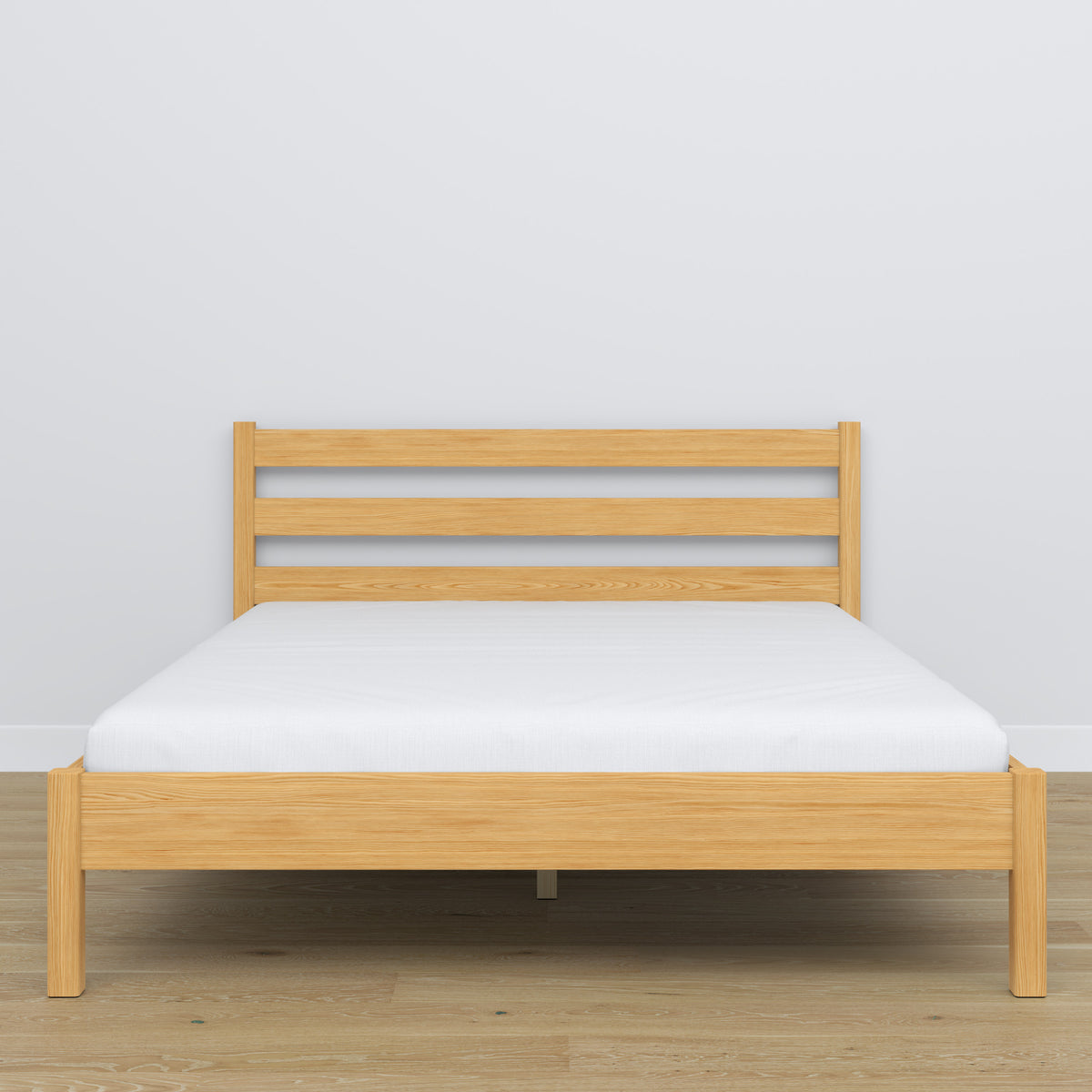 Lit double en bois pin naturel – vue de côté, proportions et forme, chambre