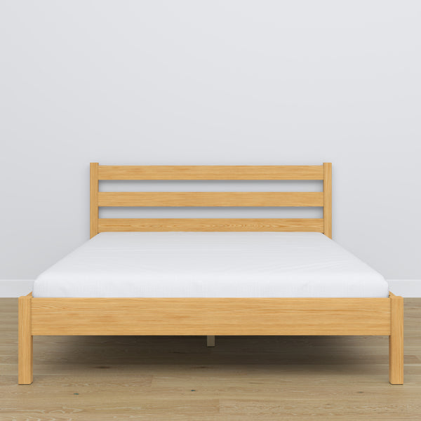 Wooden double bed natural pine – side view, proportions and shape, bedroom
