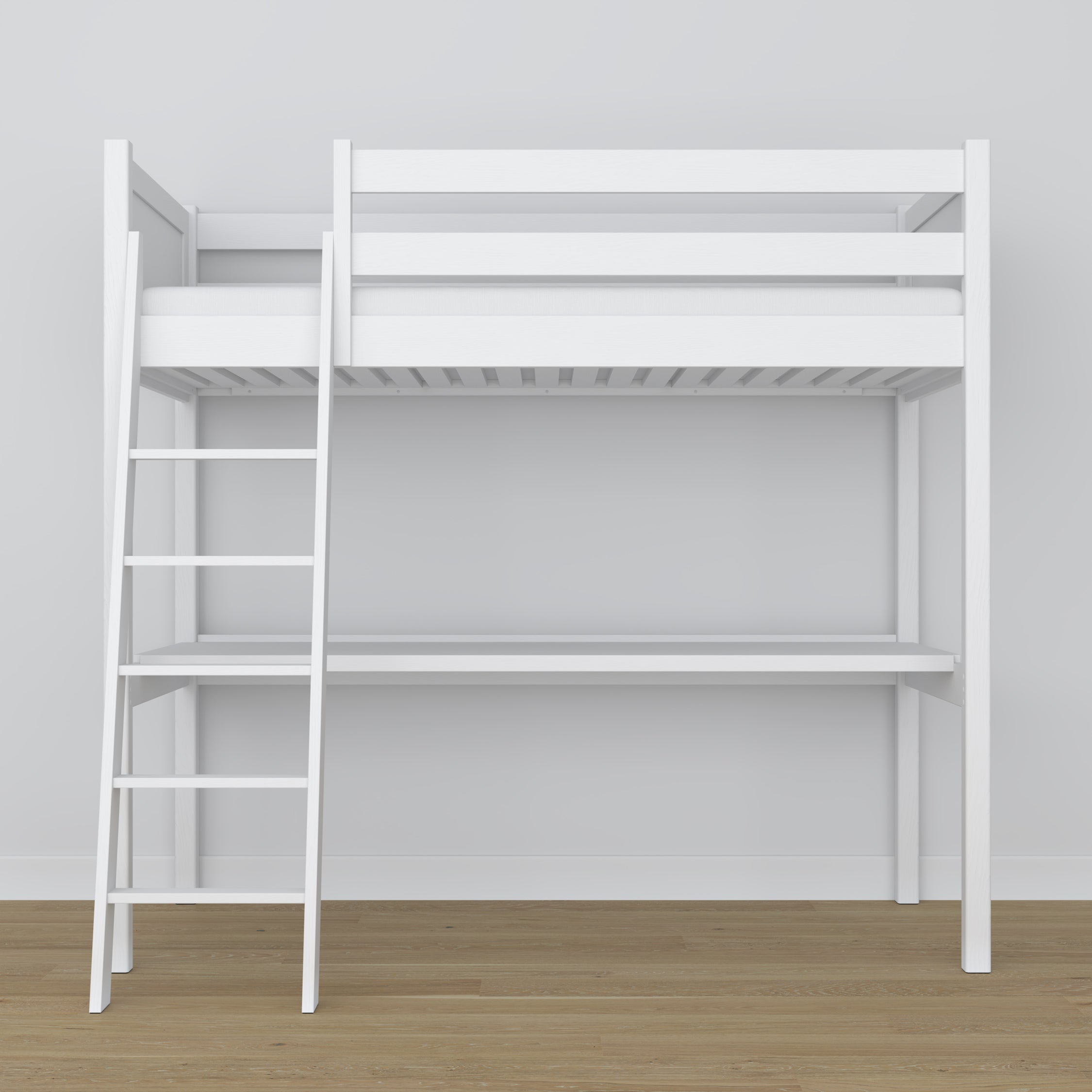 Letto a soppalco bianco con scrivania – spazio studio sotto il letto, in legno