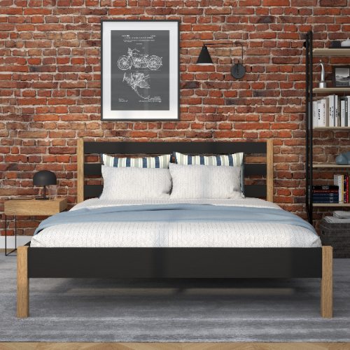 Lit double en bois noir-chêne – vue de côté, proportions et forme, chambre