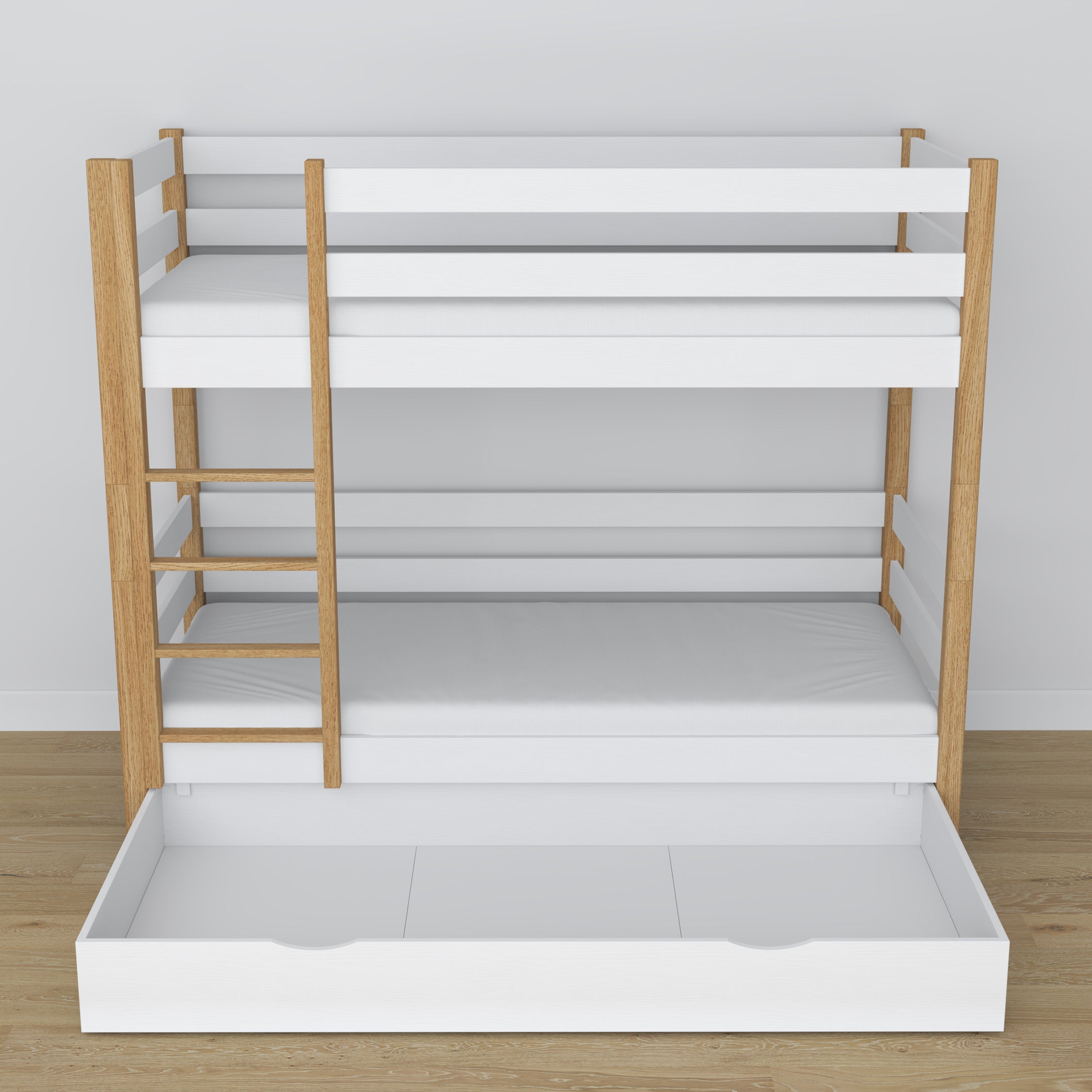 Holz-Etagenbett weiß-eiche mit Schublade – Maße und Schema, Nizio
