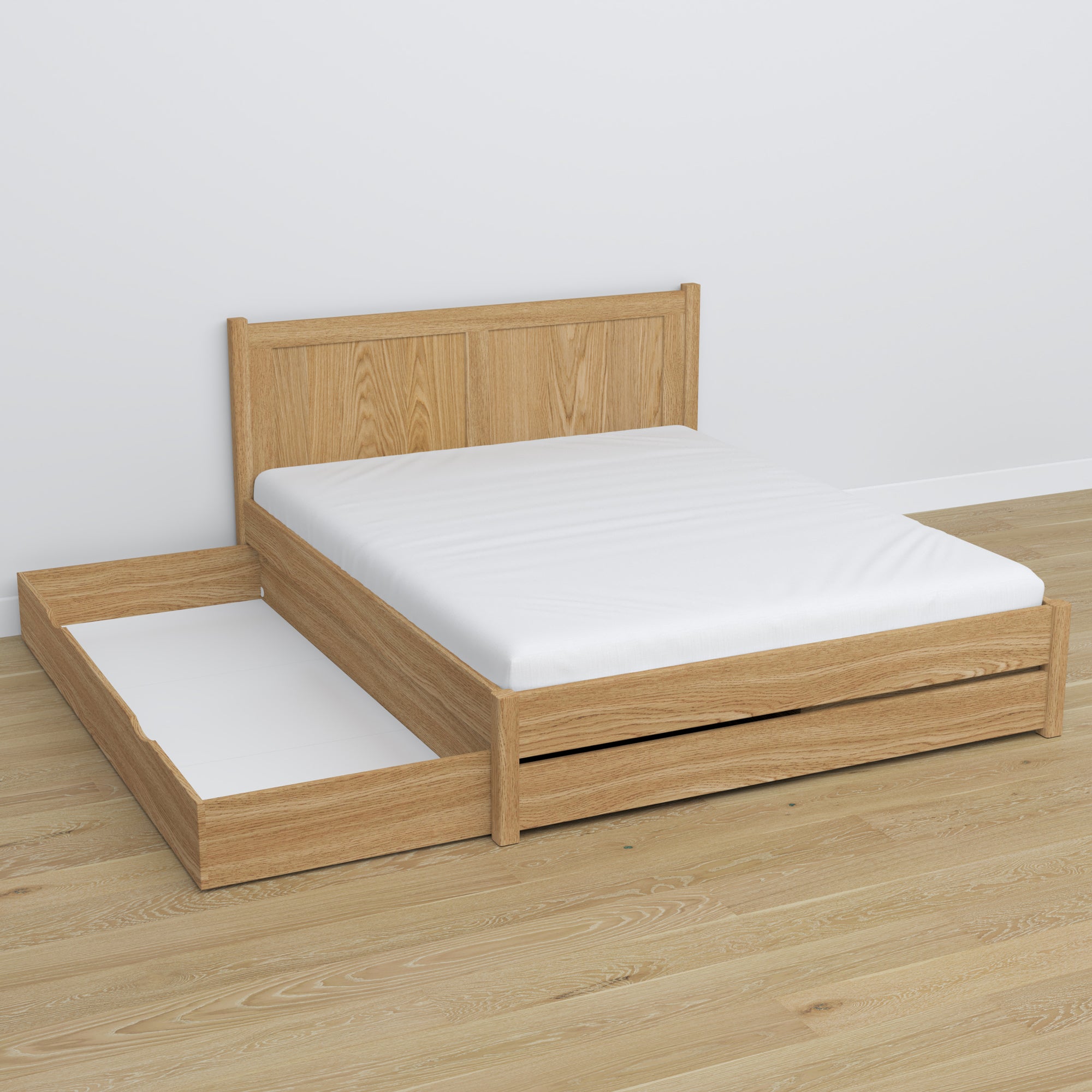 Double bed natural oak with drawer in bedroom – Scandinavian arrangement
