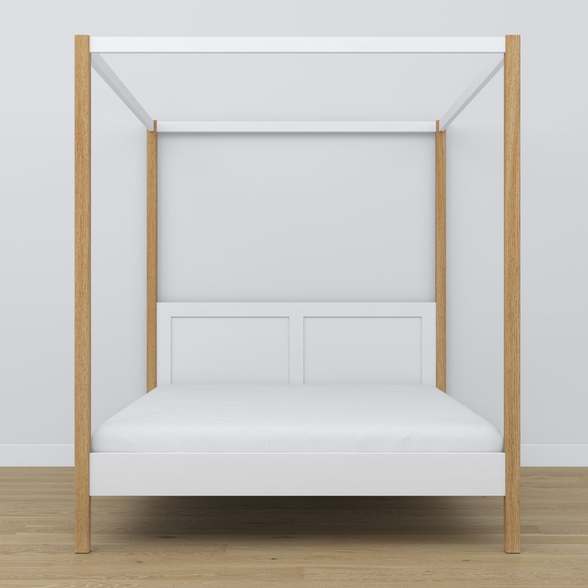 Letto matrimoniale con baldacchino in legno bianco-quercia – testiera e cornice, dettaglio