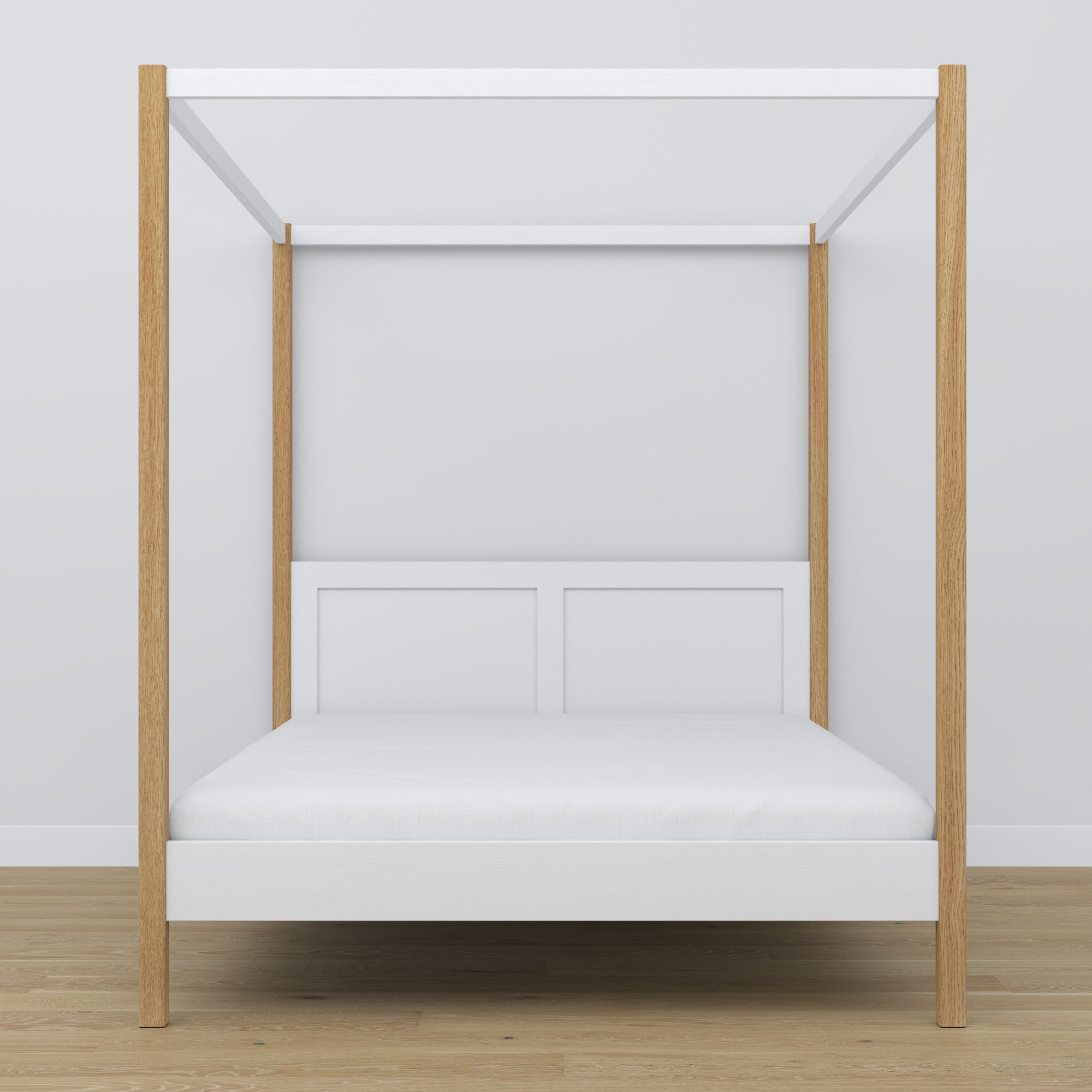 Letto matrimoniale con baldacchino in legno bianco-quercia – testiera e cornice, dettaglio