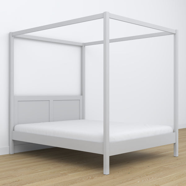 Lit double gris avec baldaquin – cadre décoratif en bois, scandinave