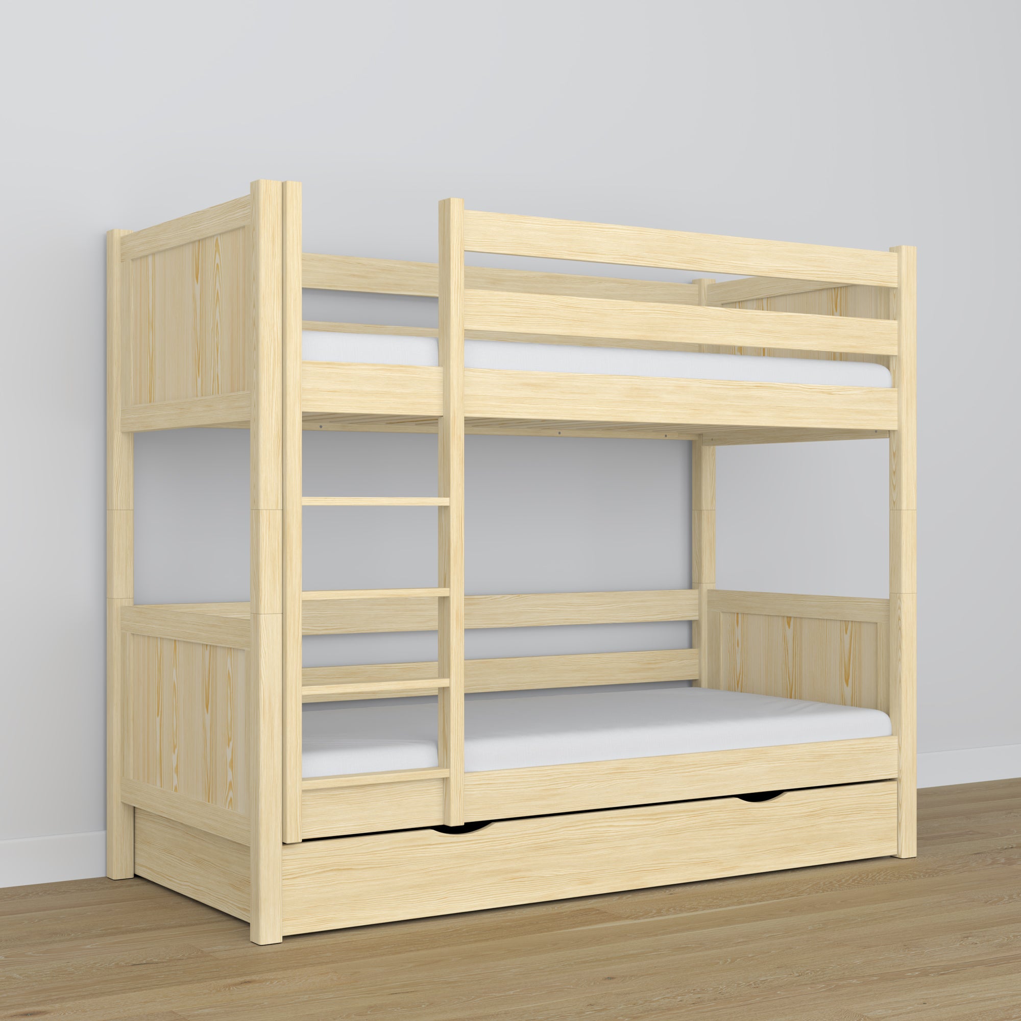 Holz-Etagenbett Kiefer farblos – offene Schublade, geräumiges Staufach unter dem Bett