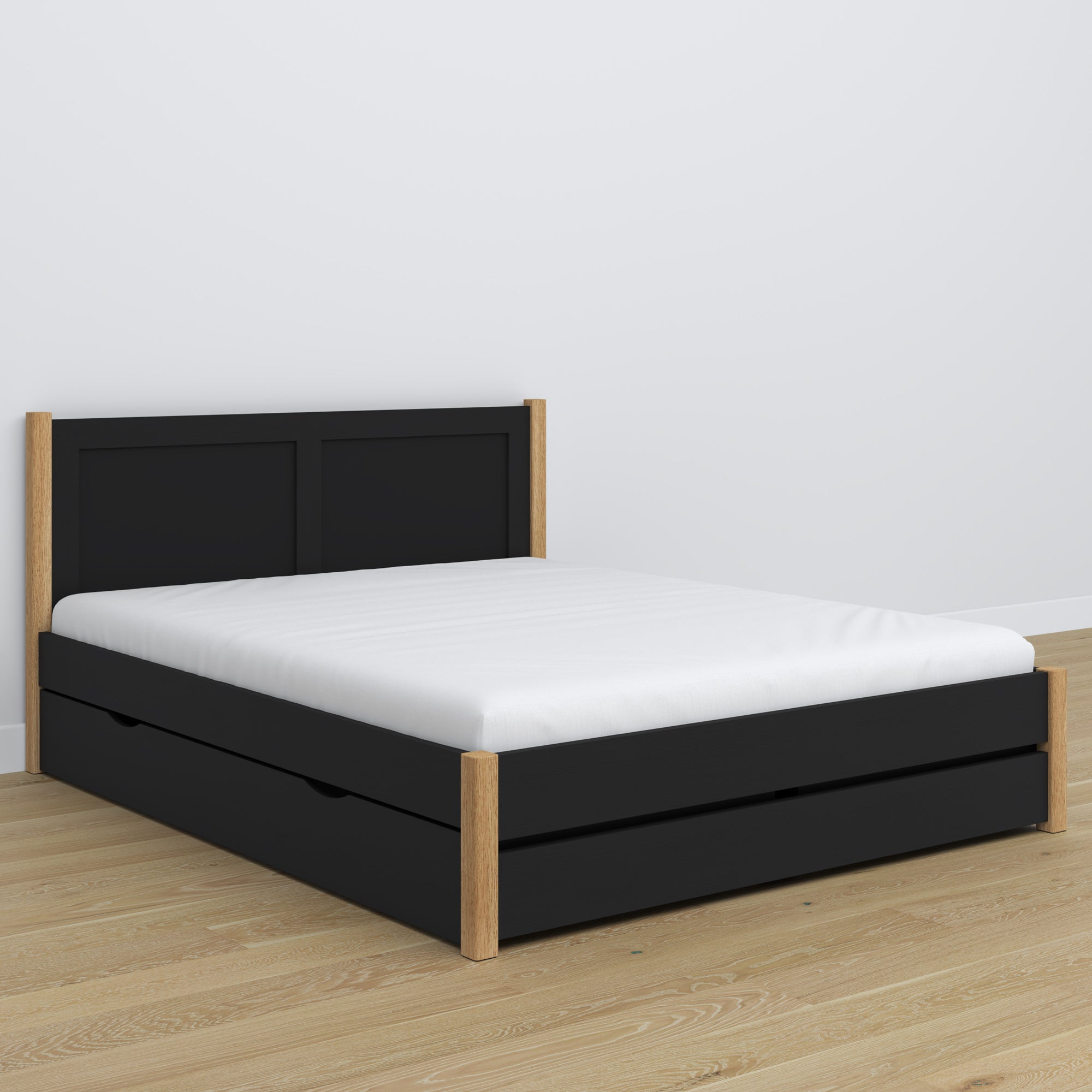 Double bed black with oak and drawer – wooden headboard, close-up