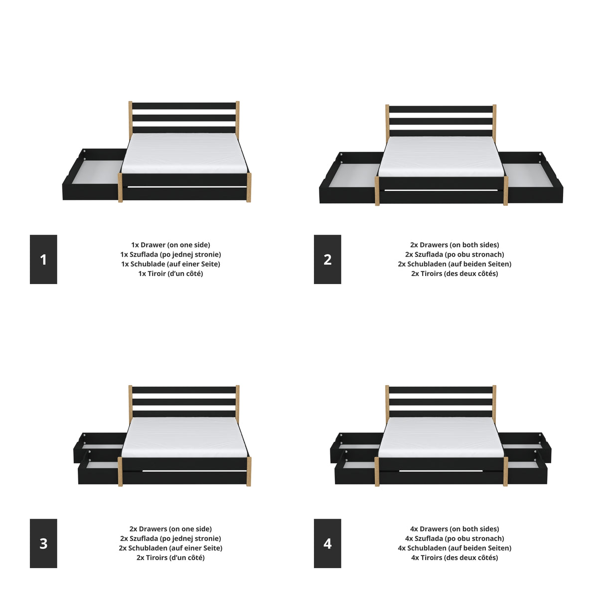 Double bed black with oak and drawer – wooden headboard, close-up