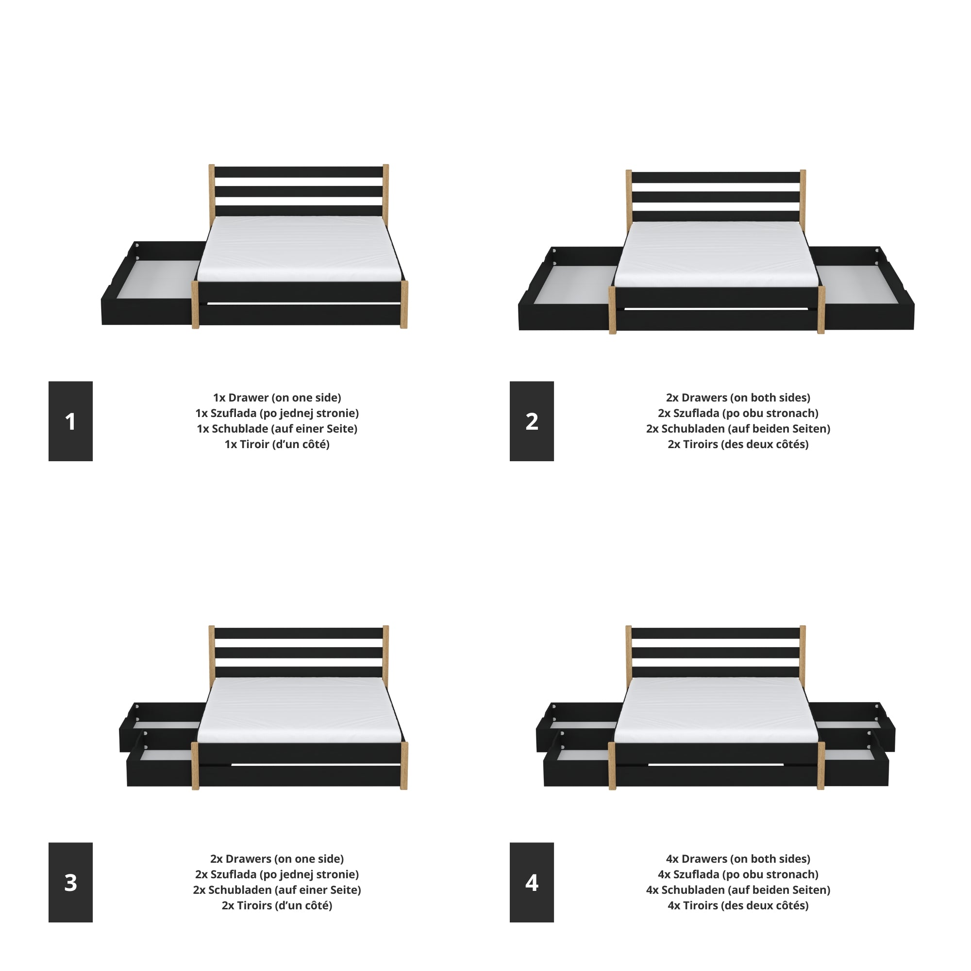 Double bed black with oak and drawer – wooden headboard, close-up