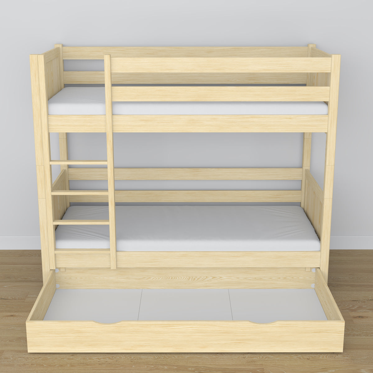 Holz-Etagenbett Kiefer farblos – Details der Verbindungen und Leiter, Kinderzimmer