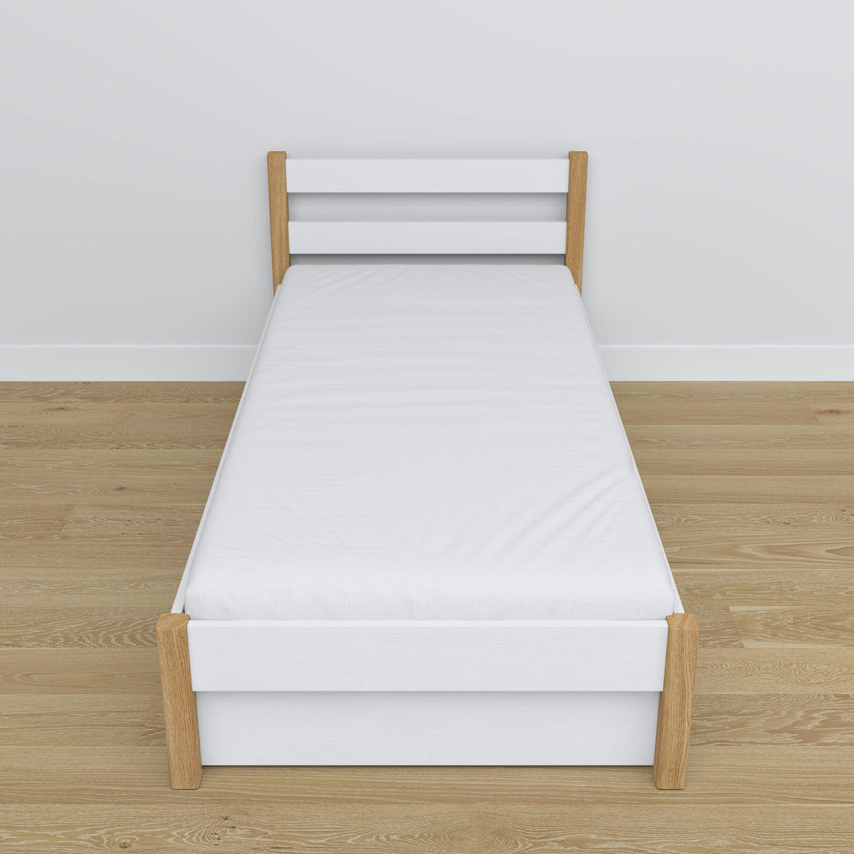 Letto bianco-quercia con cassetto – guide e dettagli in legno, Nizio