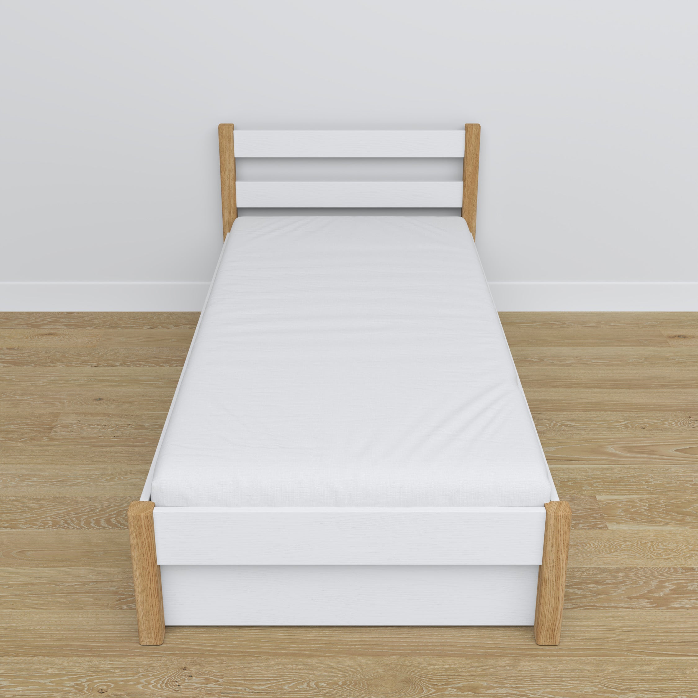 Letto bianco-quercia con cassetto – guide e dettagli in legno, Nizio