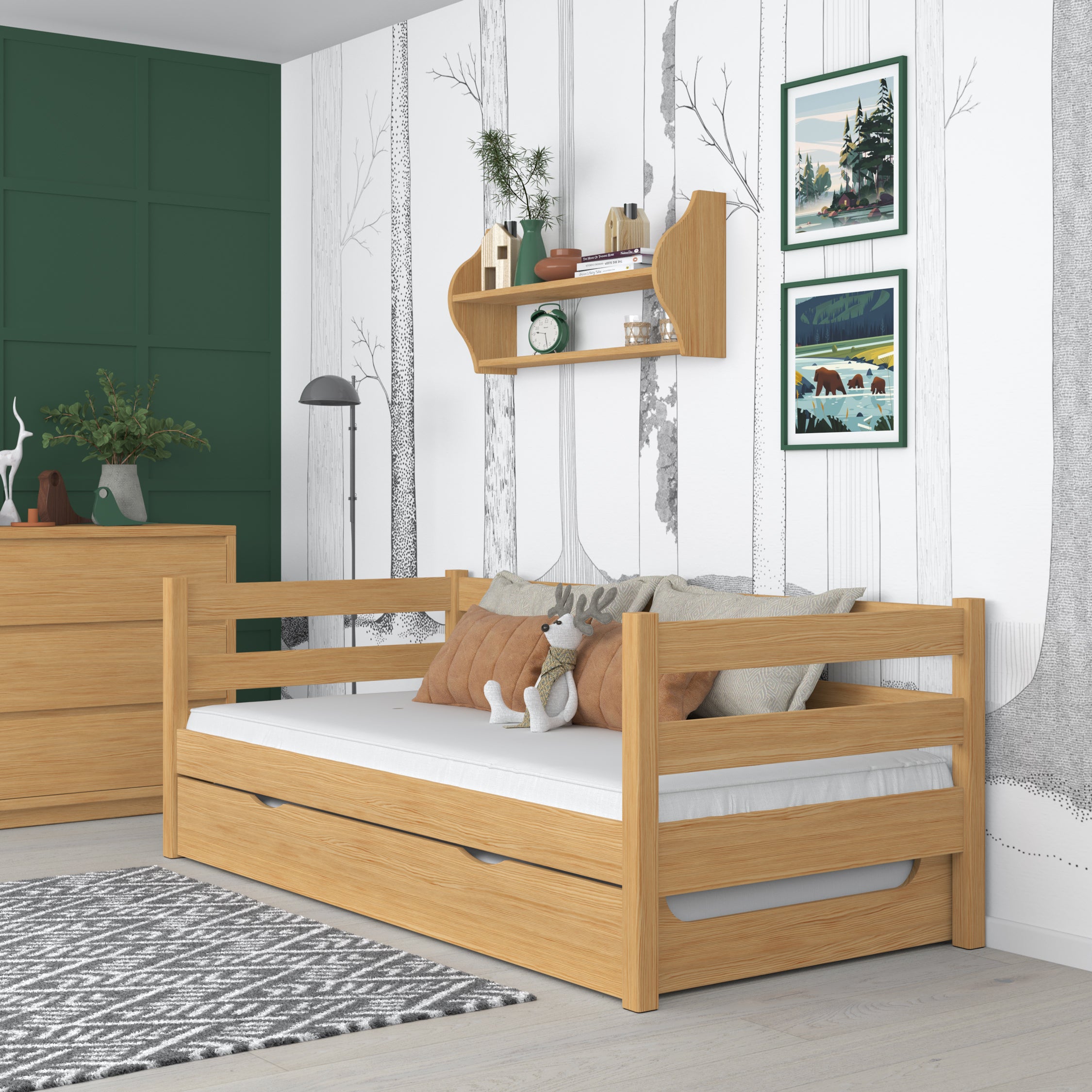 Letto divano pino naturale – laterale sponda in legno, vista laterale, Nizio