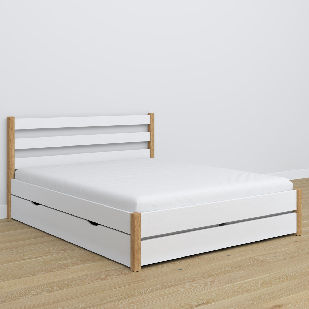 Doppelbett Weiß-Eiche mit Schublade – Kopfteil aus Holz, Nahaufnahme