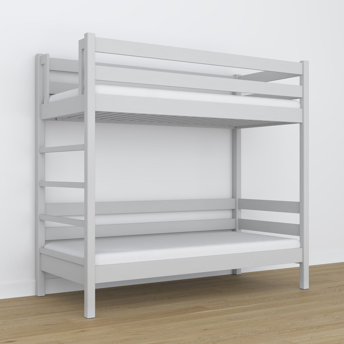 Lit superposé en bois gris – gros plan sur les assemblages et détails du bois
