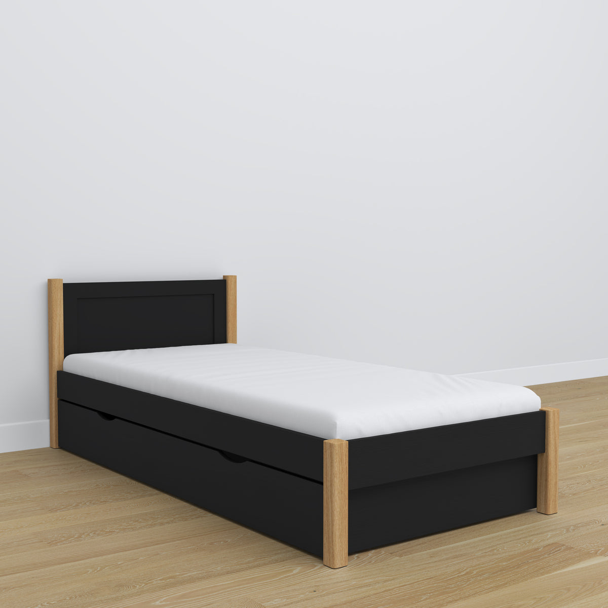 Letto con cassetto in legno nero-quercia – stanza per bambini, allestimento scandi