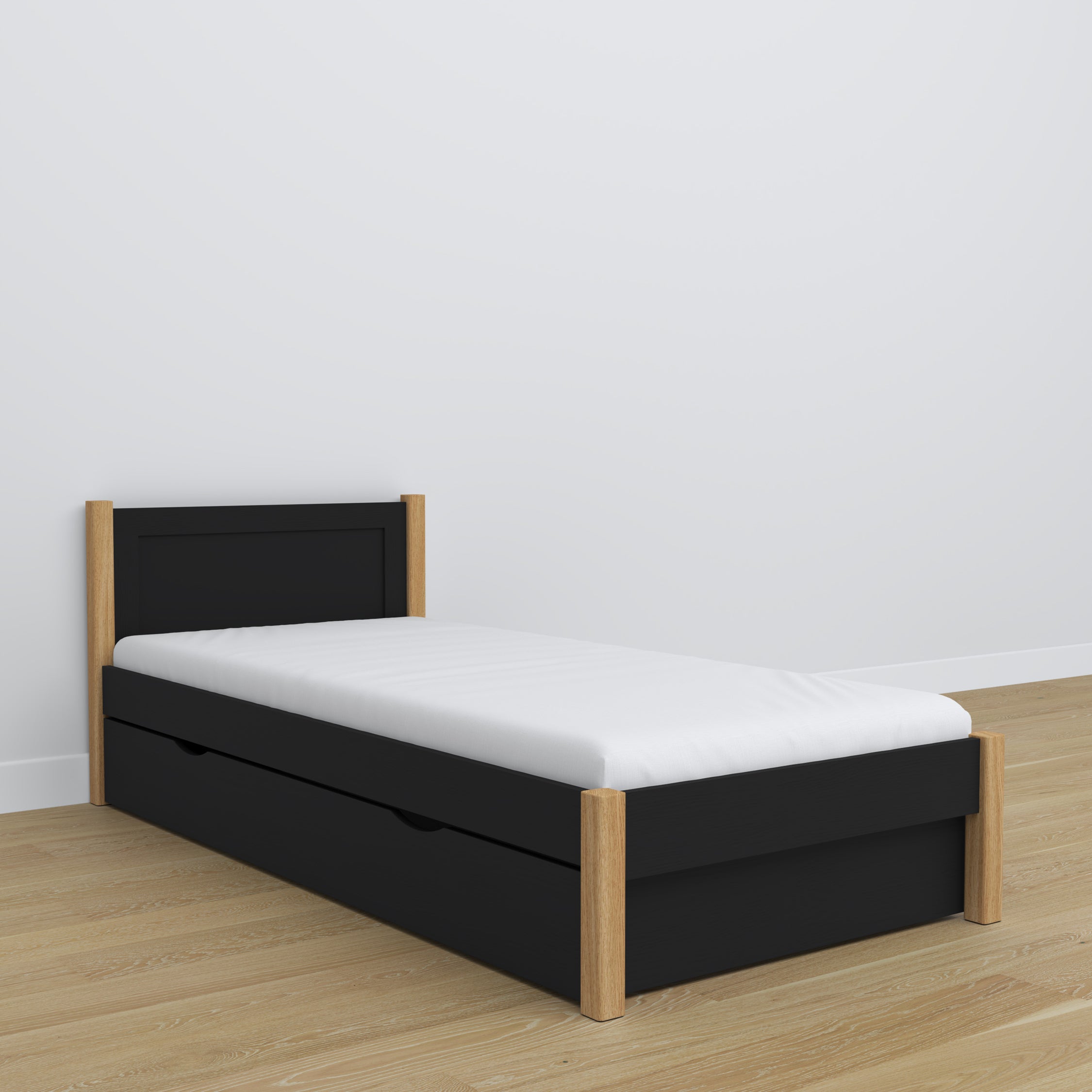 Letto con cassetto in legno nero-quercia – stanza per bambini, allestimento scandi