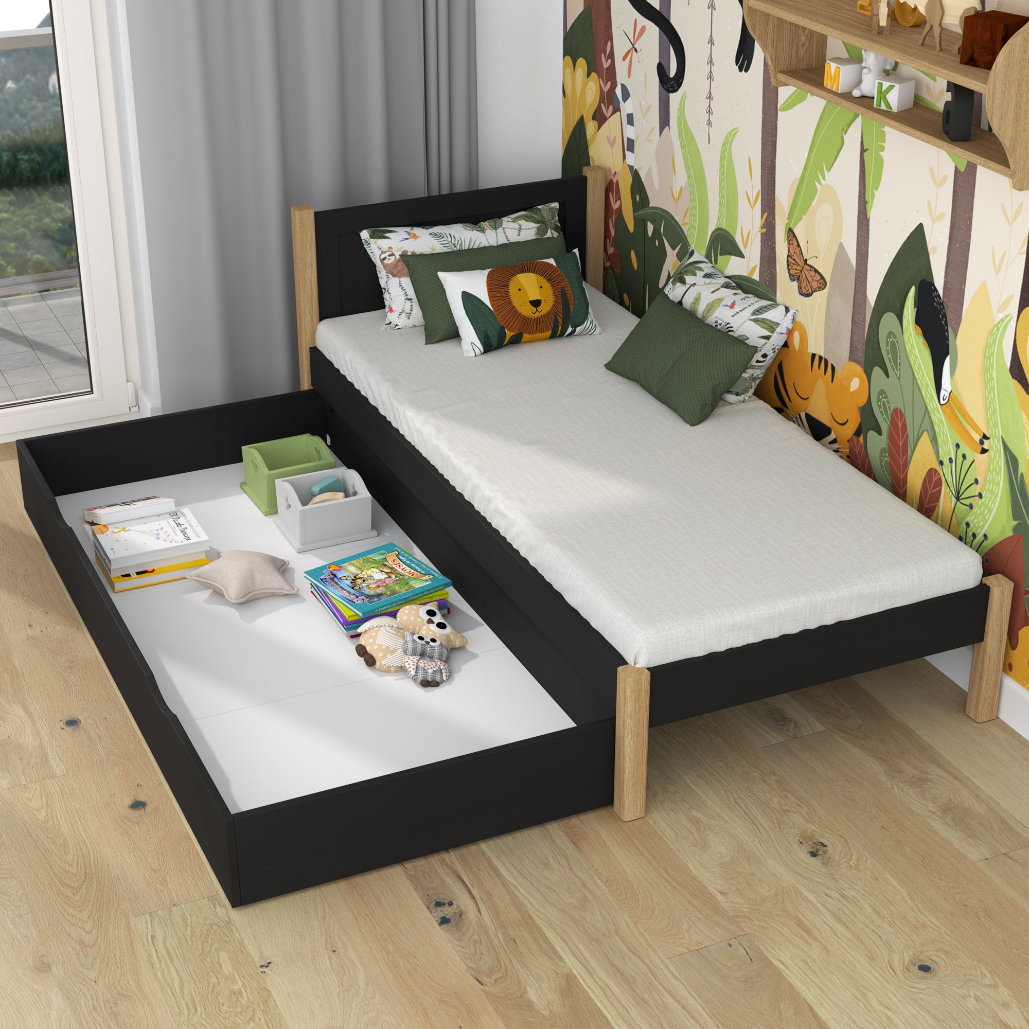 Letto nero-quercia con cassetto – capiente vano, in legno, per bambini Nizio