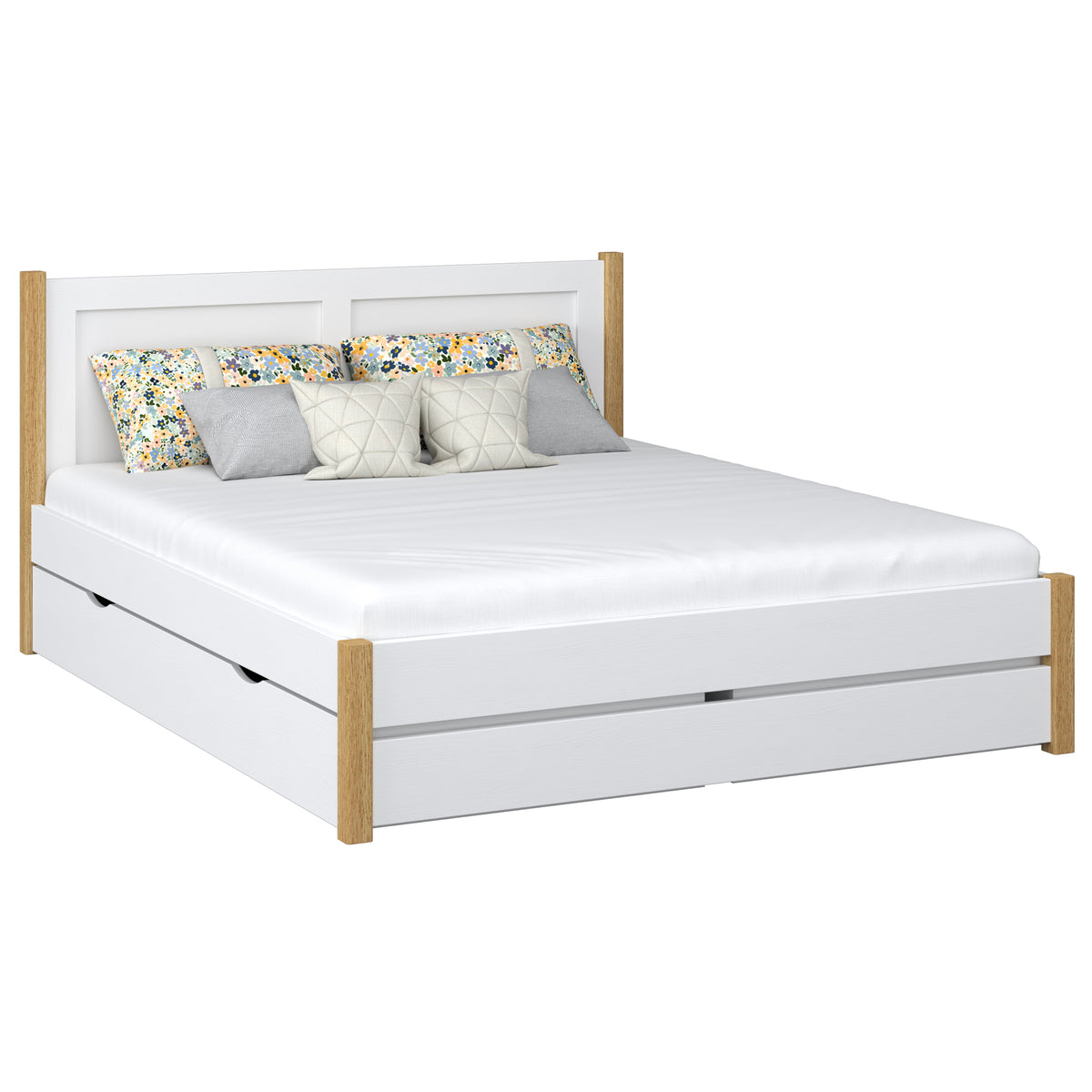 Doppelbett mit Schublade aus Holz weiß mit Eiche – Schlafzimmer, Stauraum, Scandi-Stil
