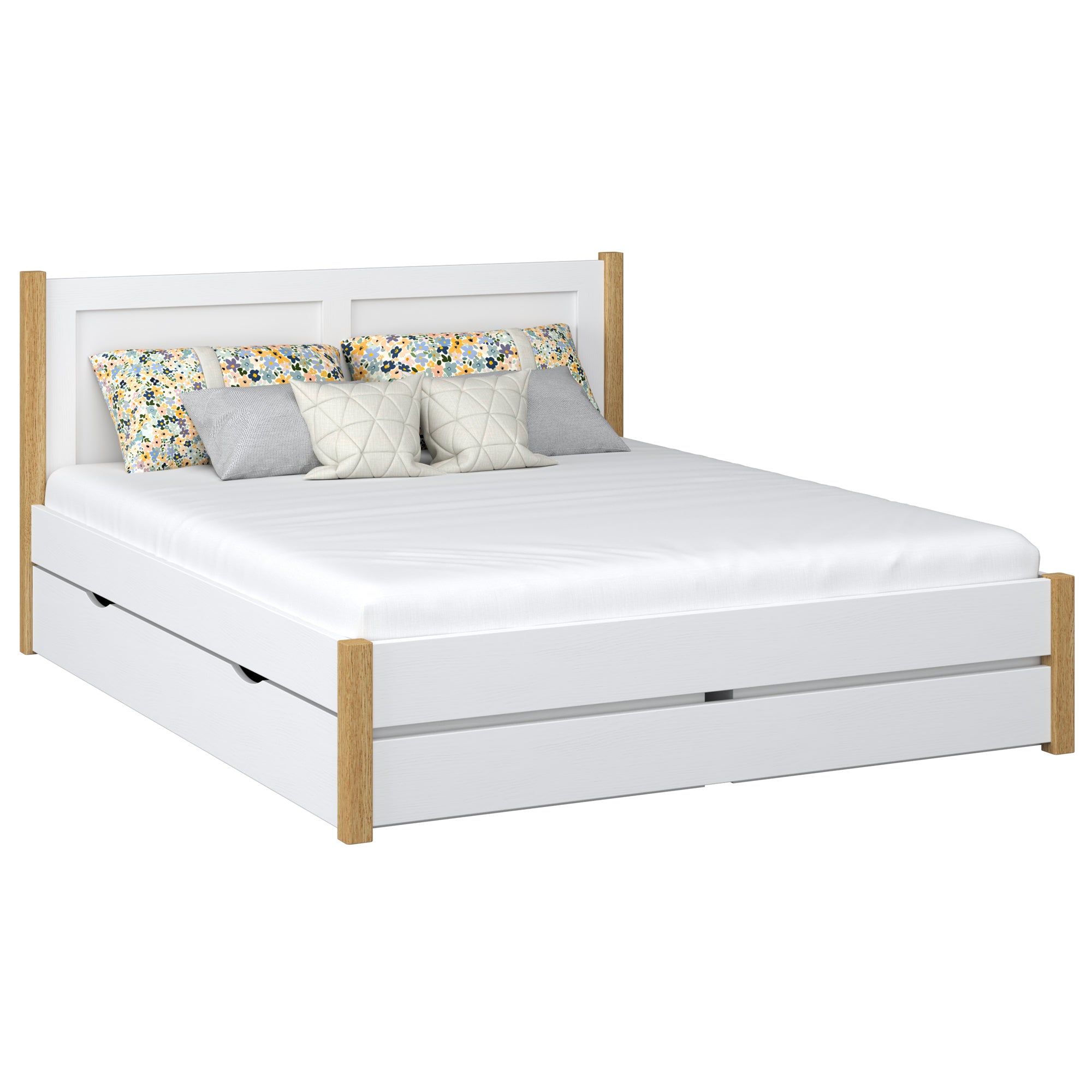 Doppelbett mit Schublade aus Holz weiß mit Eiche – Schlafzimmer, Stauraum, Scandi-Stil